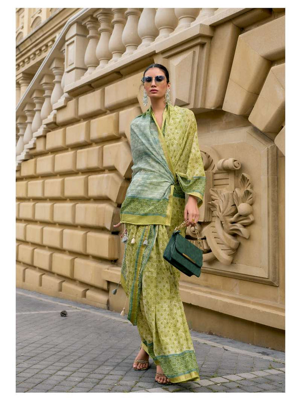 GREEN HAND BLOCK PRINTED LIVA SAREE WITH BLOUSE