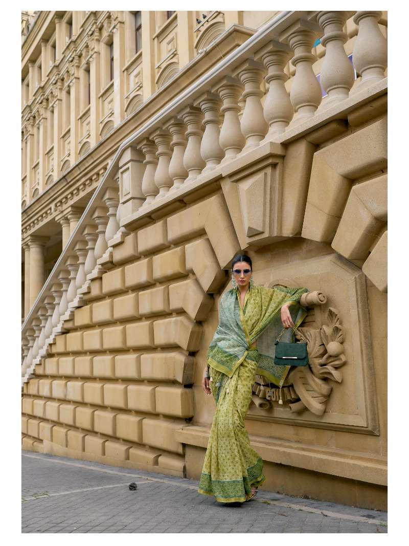 GREEN HAND BLOCK PRINTED LIVA SAREE WITH BLOUSE