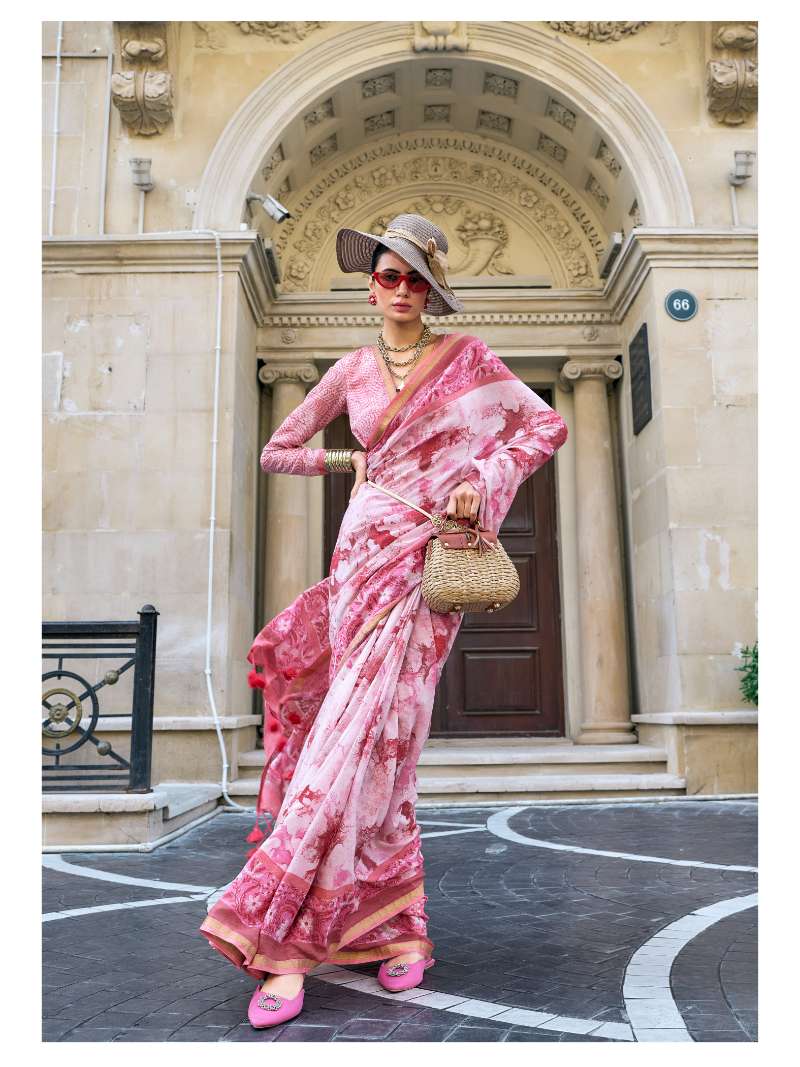 PINK HAND BLOCK PRINTED LIVA SAREE WITH BLOUSE