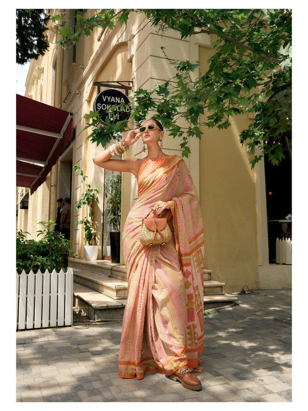 ORANGE HAND BLOCK PRINTED LIVA SAREE WITH BLOUSE