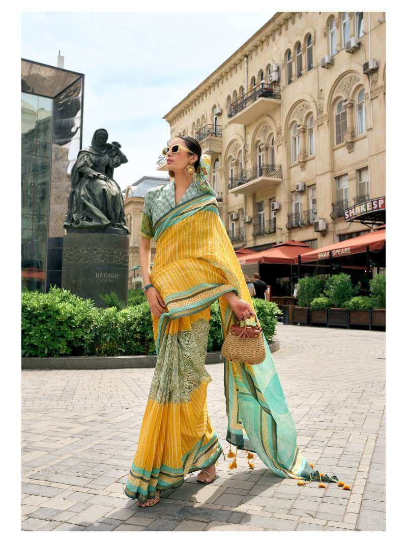 MUSTARD HAND BLOCK PRINTED LIVA SAREE WITH BLOUSE