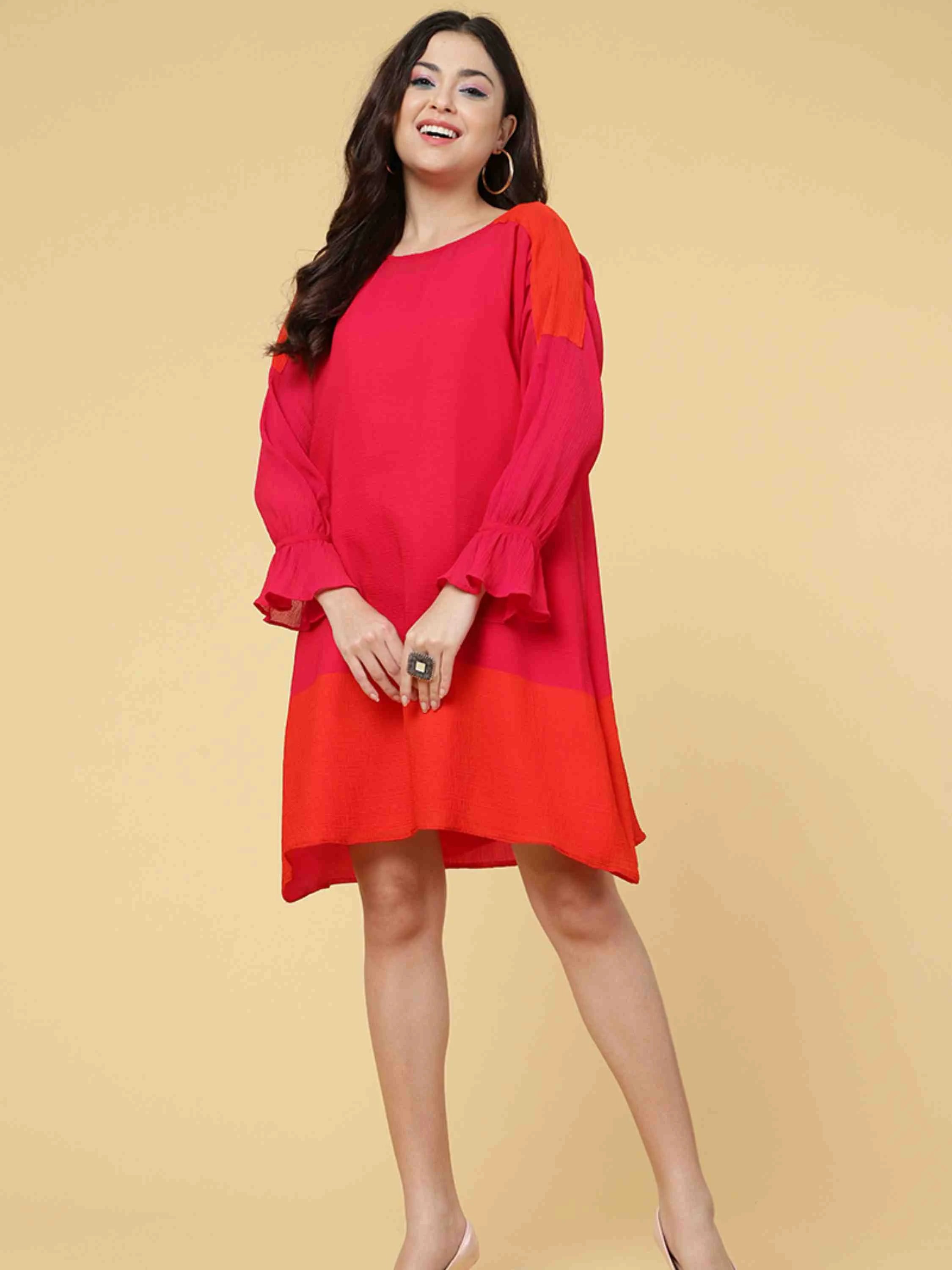 CORAL CHIFFON BLOCKED CHIFFON TUNIC