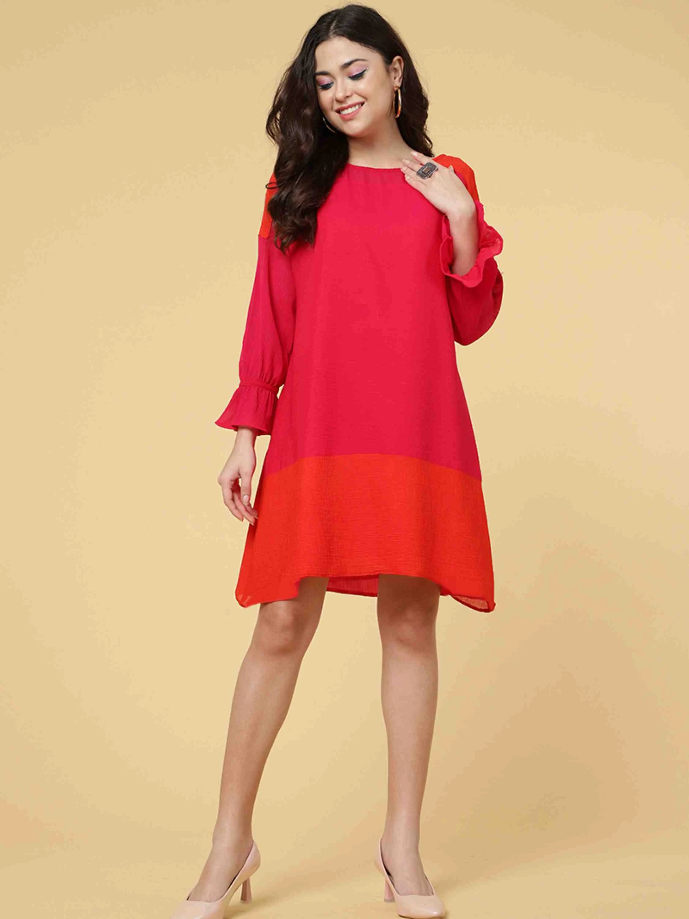 CORAL CHIFFON BLOCKED CHIFFON TUNIC