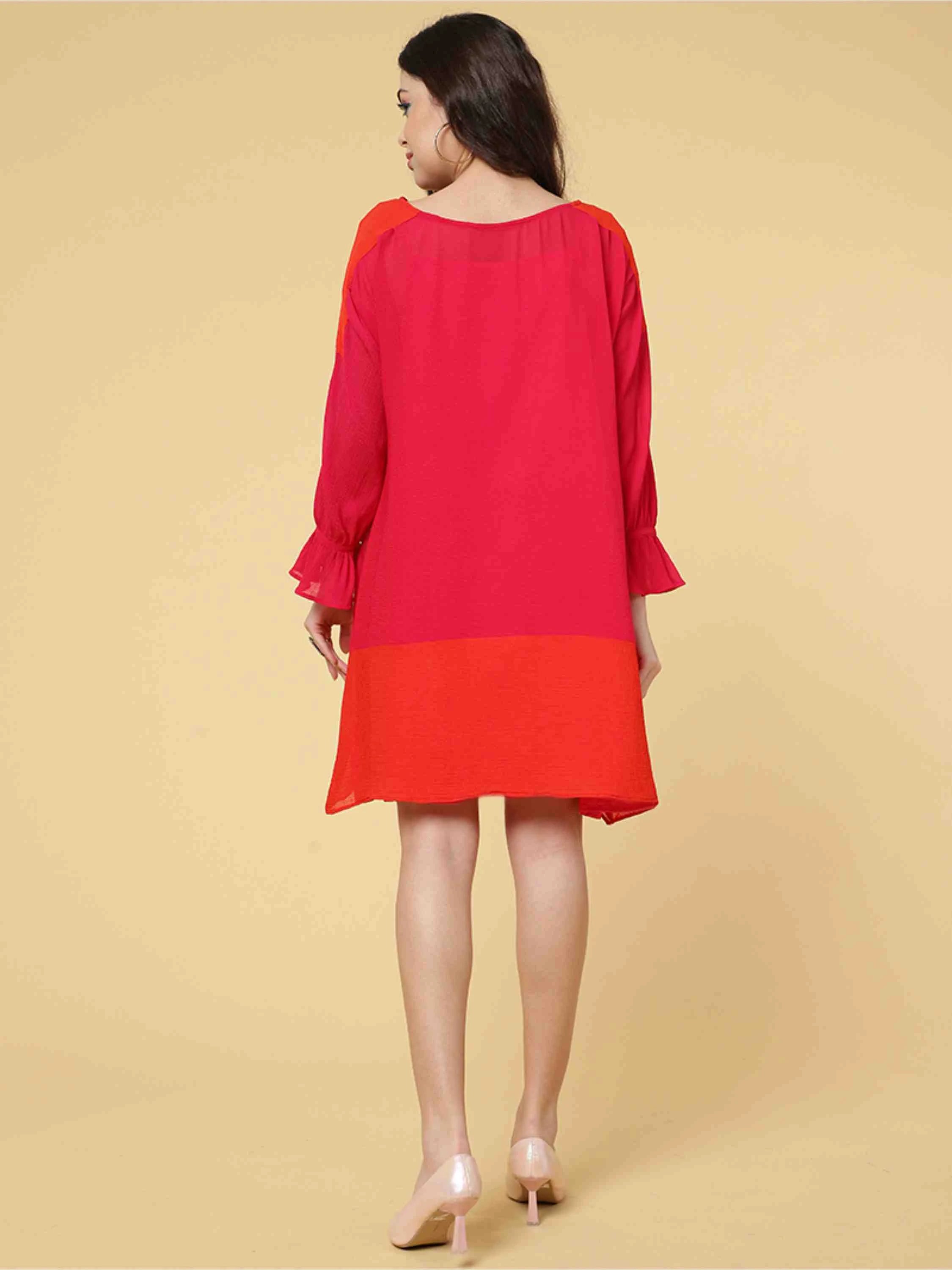 CORAL CHIFFON BLOCKED CHIFFON TUNIC