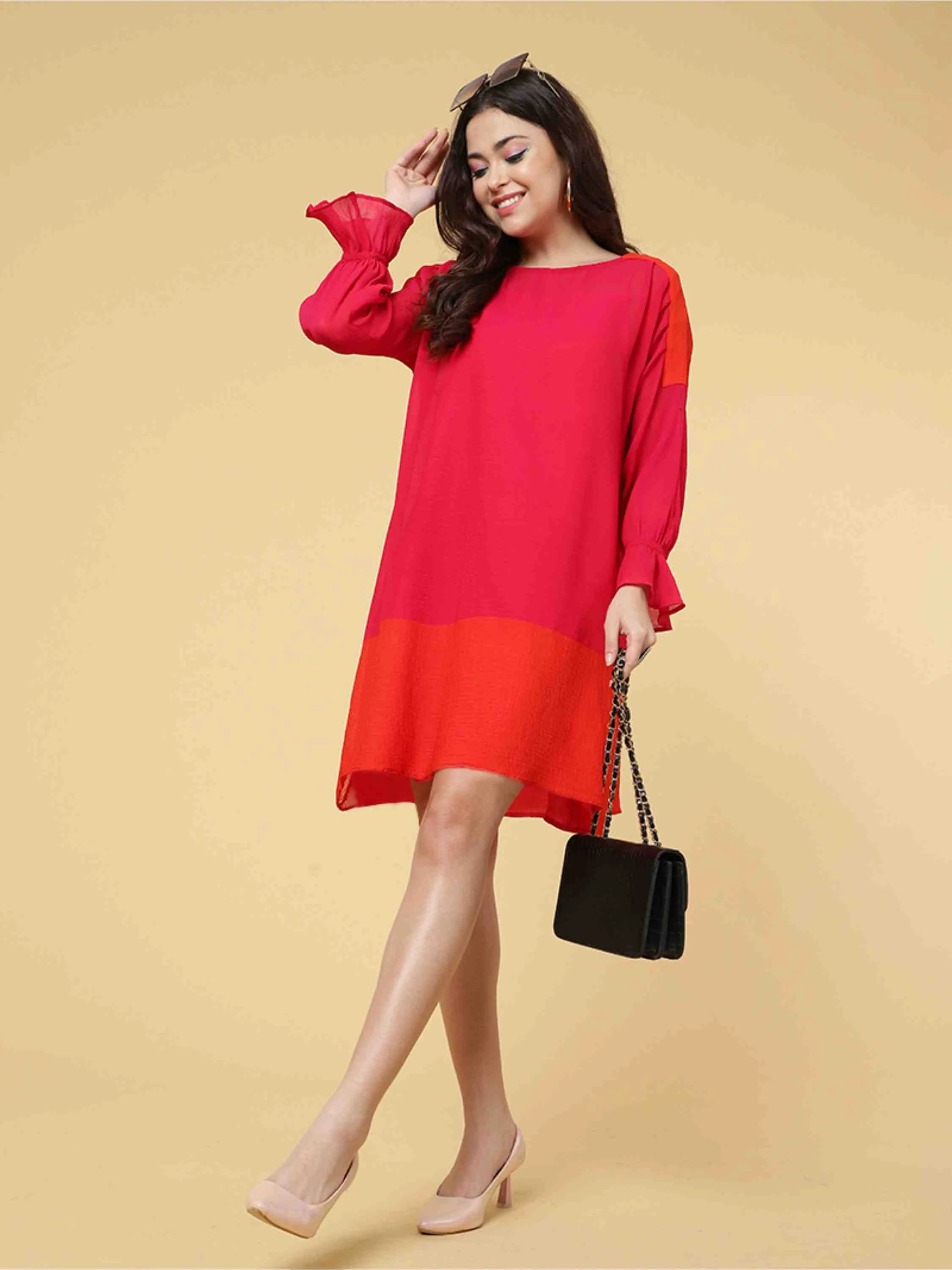 CORAL CHIFFON BLOCKED CHIFFON TUNIC