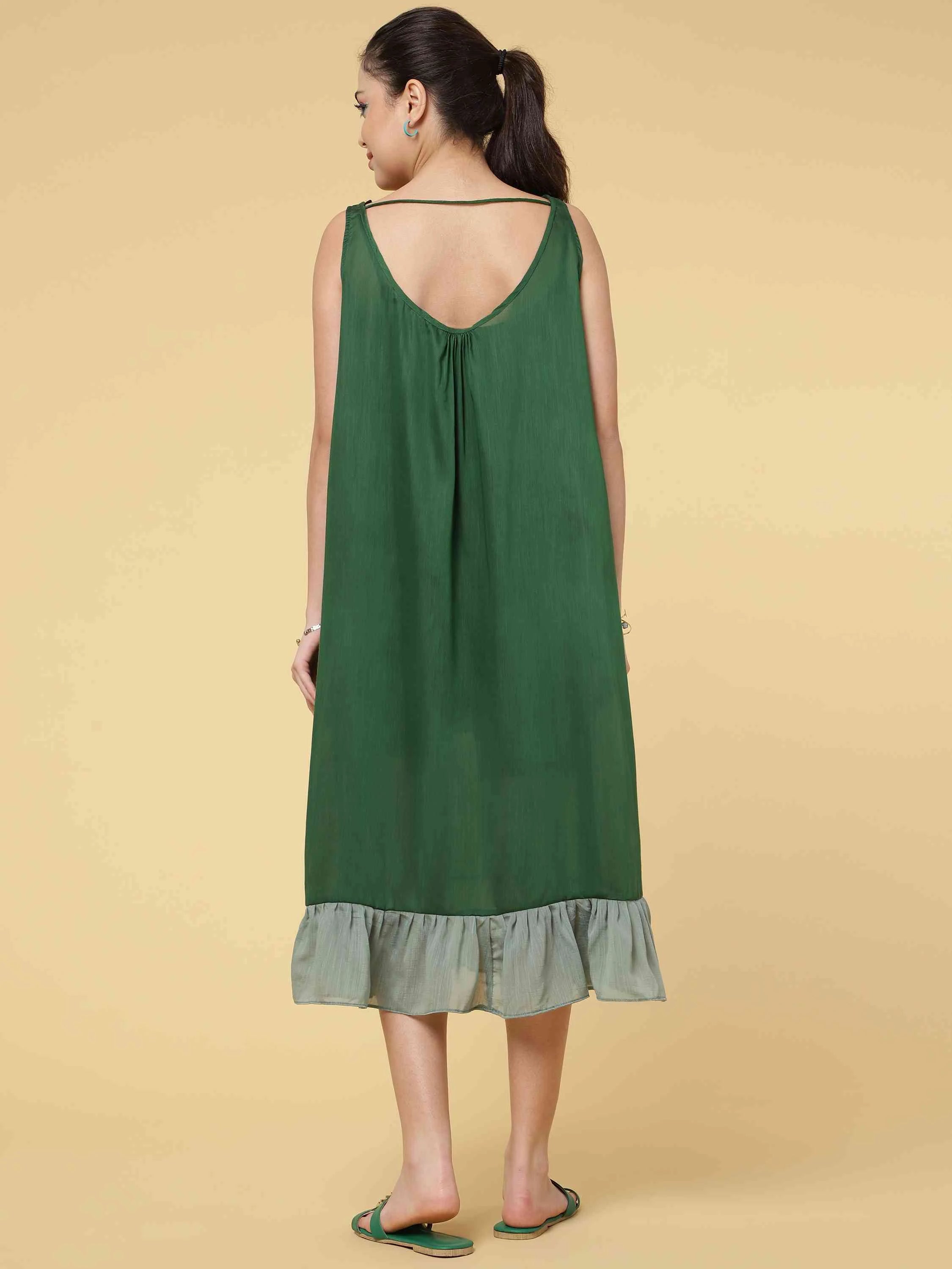 GREEN COTTON BLEND RUFFLE DREES WITH POCKET