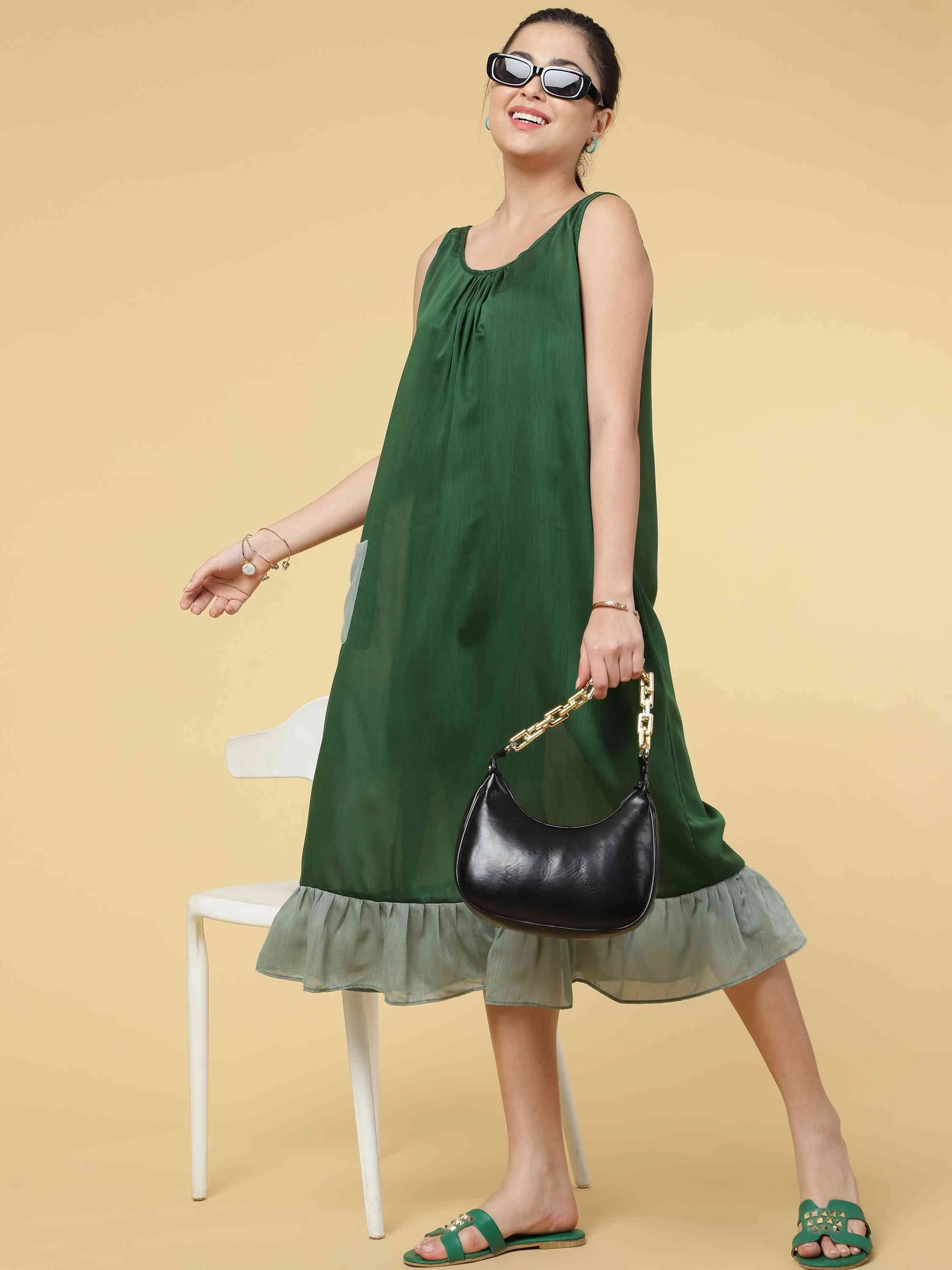 GREEN COTTON BLEND RUFFLE DREES WITH POCKET