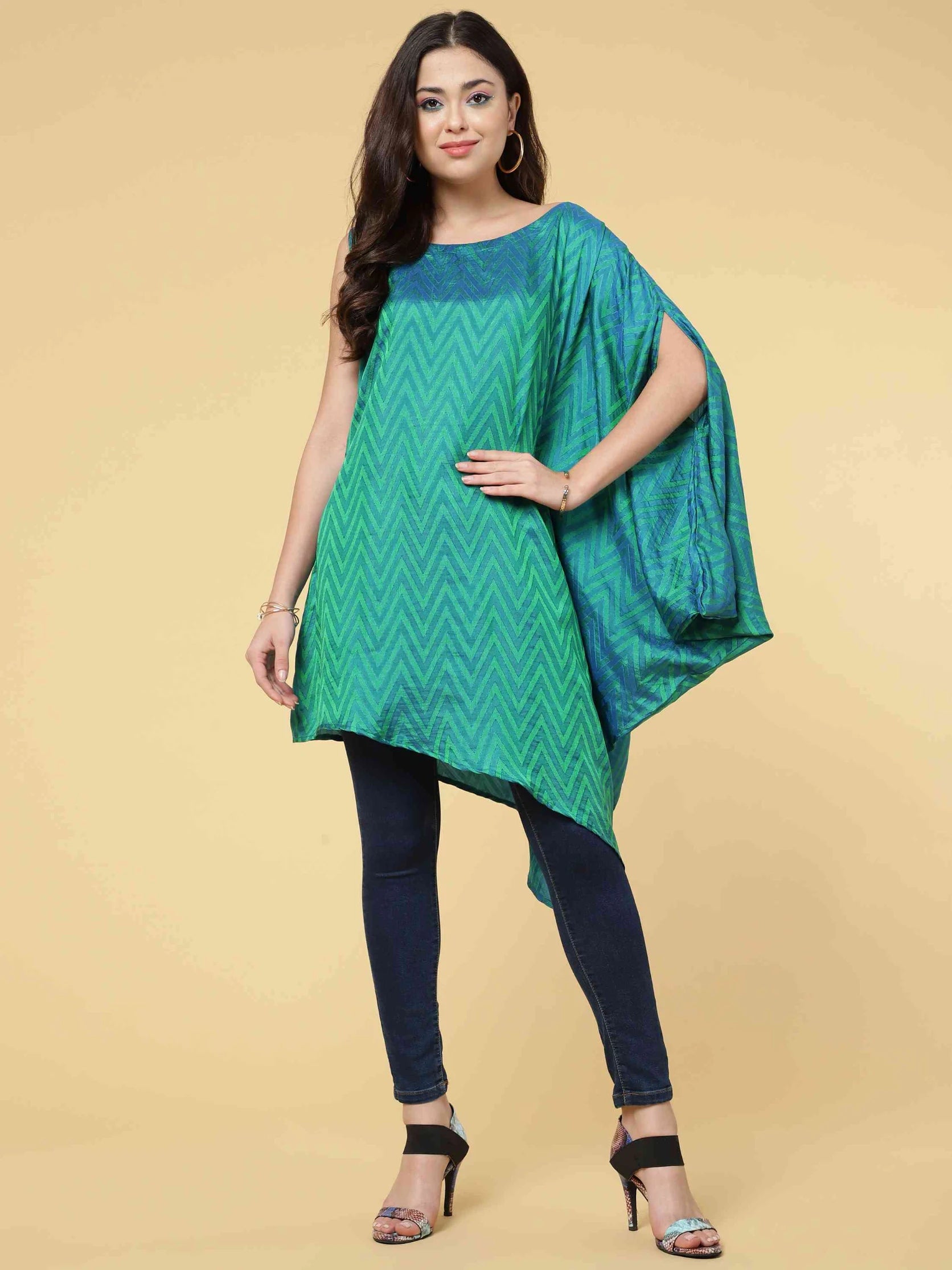 TURQUOISE ART SILK ASYMMETRICAL SELF-TEXTURED TUNIC