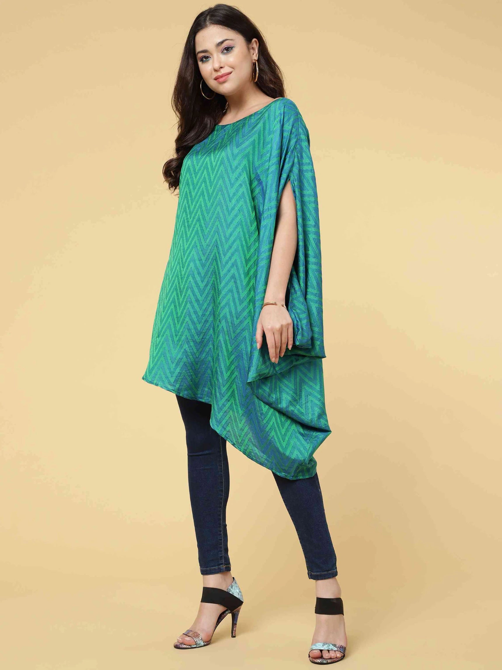 TURQUOISE ART SILK ASYMMETRICAL SELF-TEXTURED TUNIC