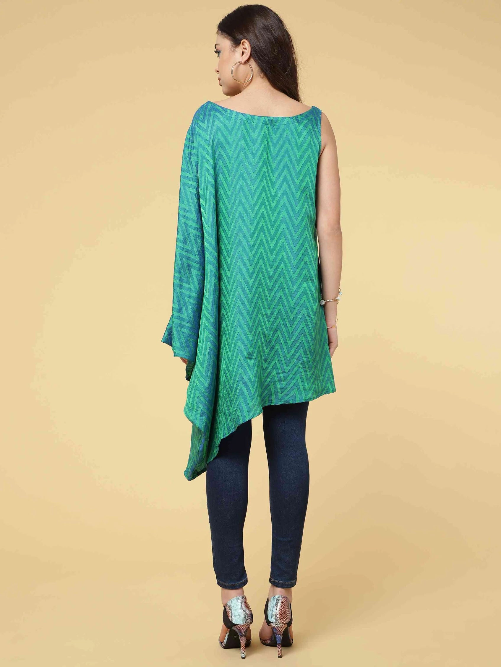 TURQUOISE ART SILK ASYMMETRICAL SELF-TEXTURED TUNIC