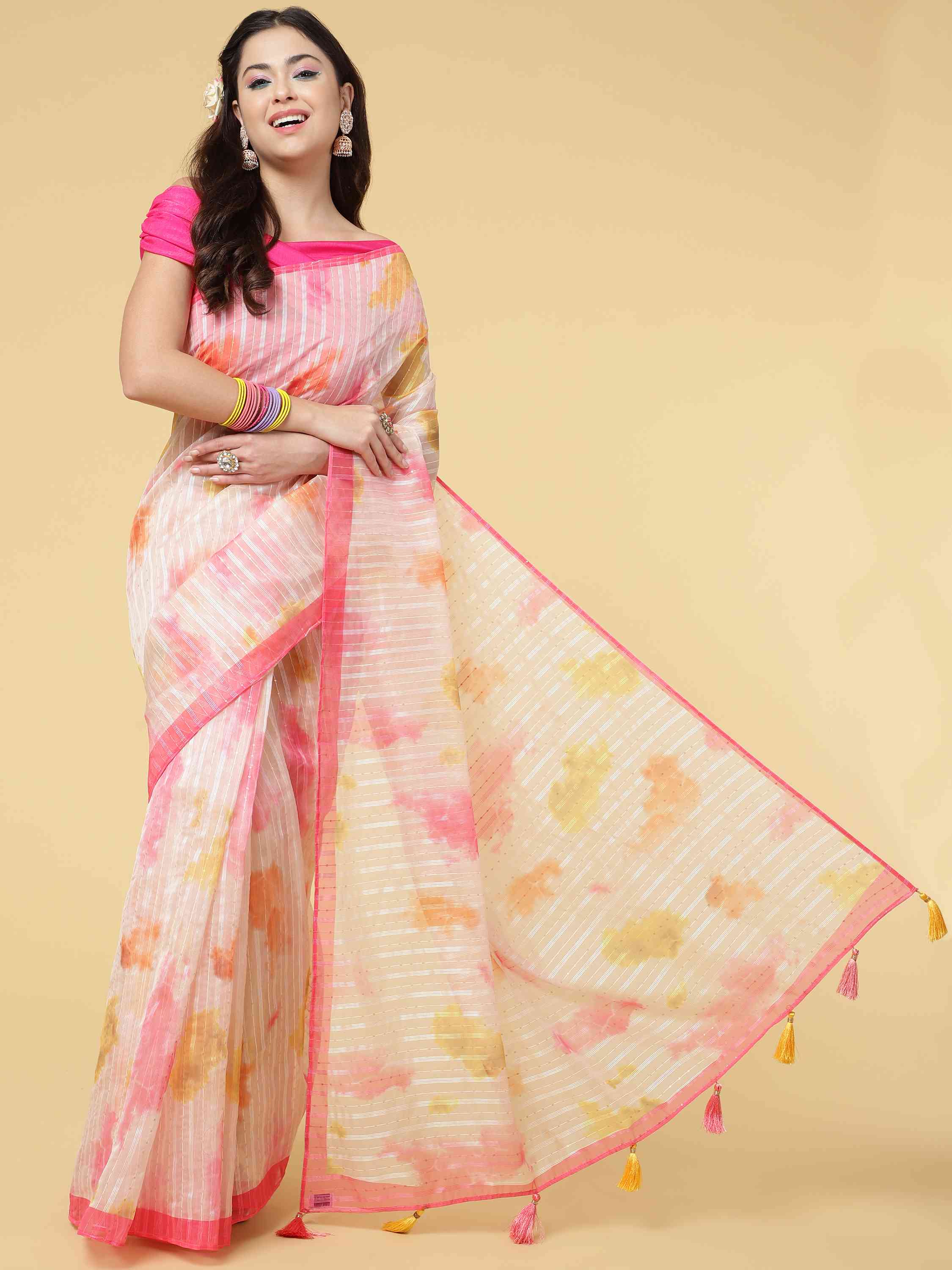 DUNGRANI PINK POLO ORGANZA SAREE WITH BLOUSE