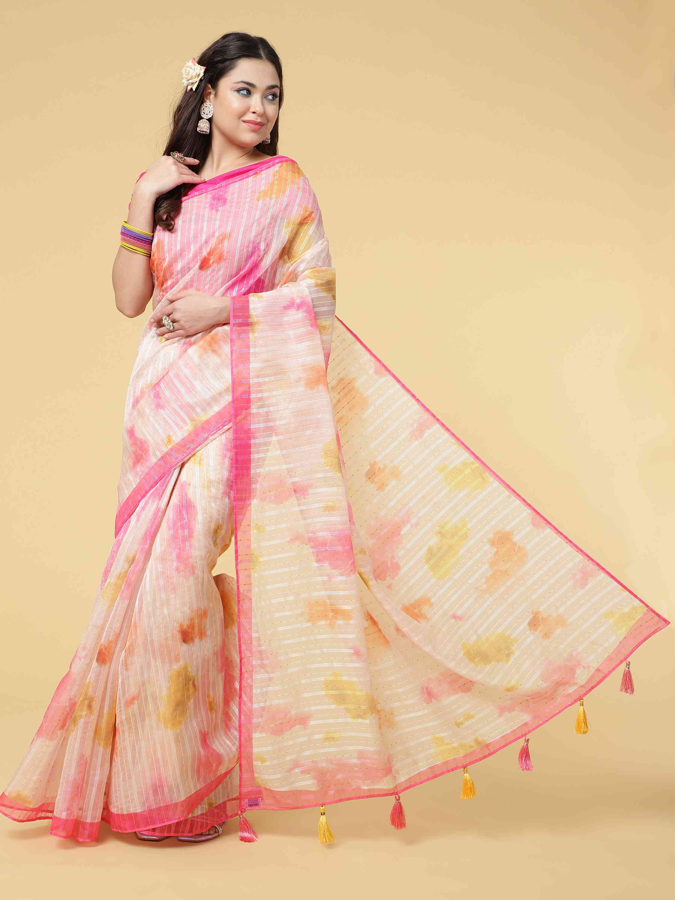 DUNGRANI PINK POLO ORGANZA SAREE WITH BLOUSE