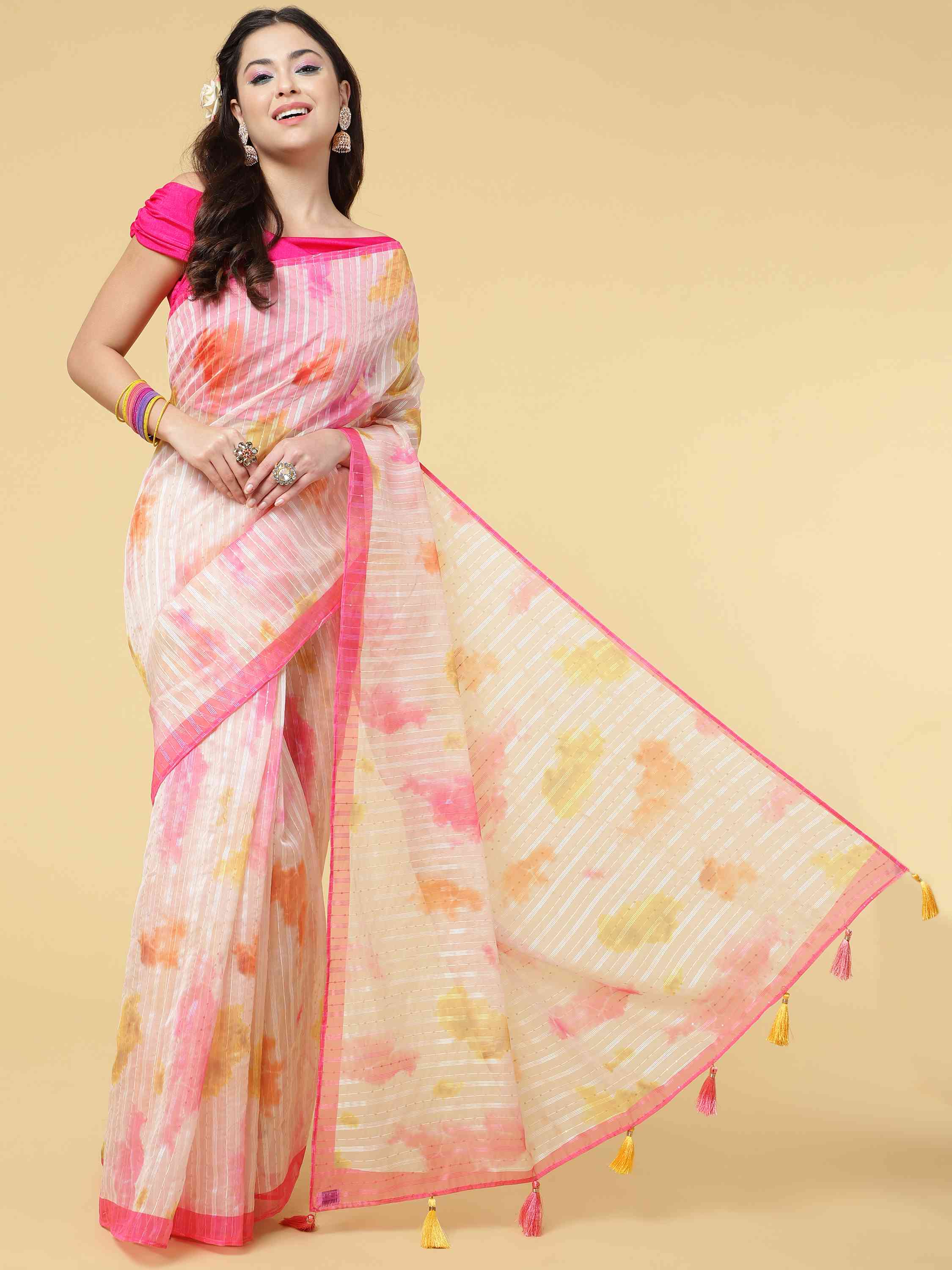 DUNGRANI PINK POLO ORGANZA SAREE WITH BLOUSE