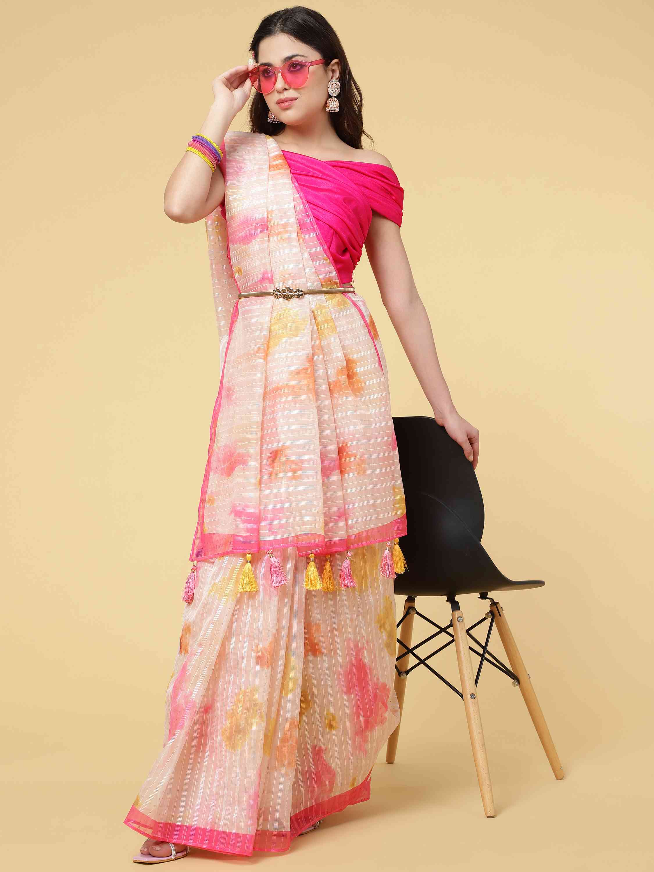 DUNGRANI PINK POLO ORGANZA SAREE WITH BLOUSE