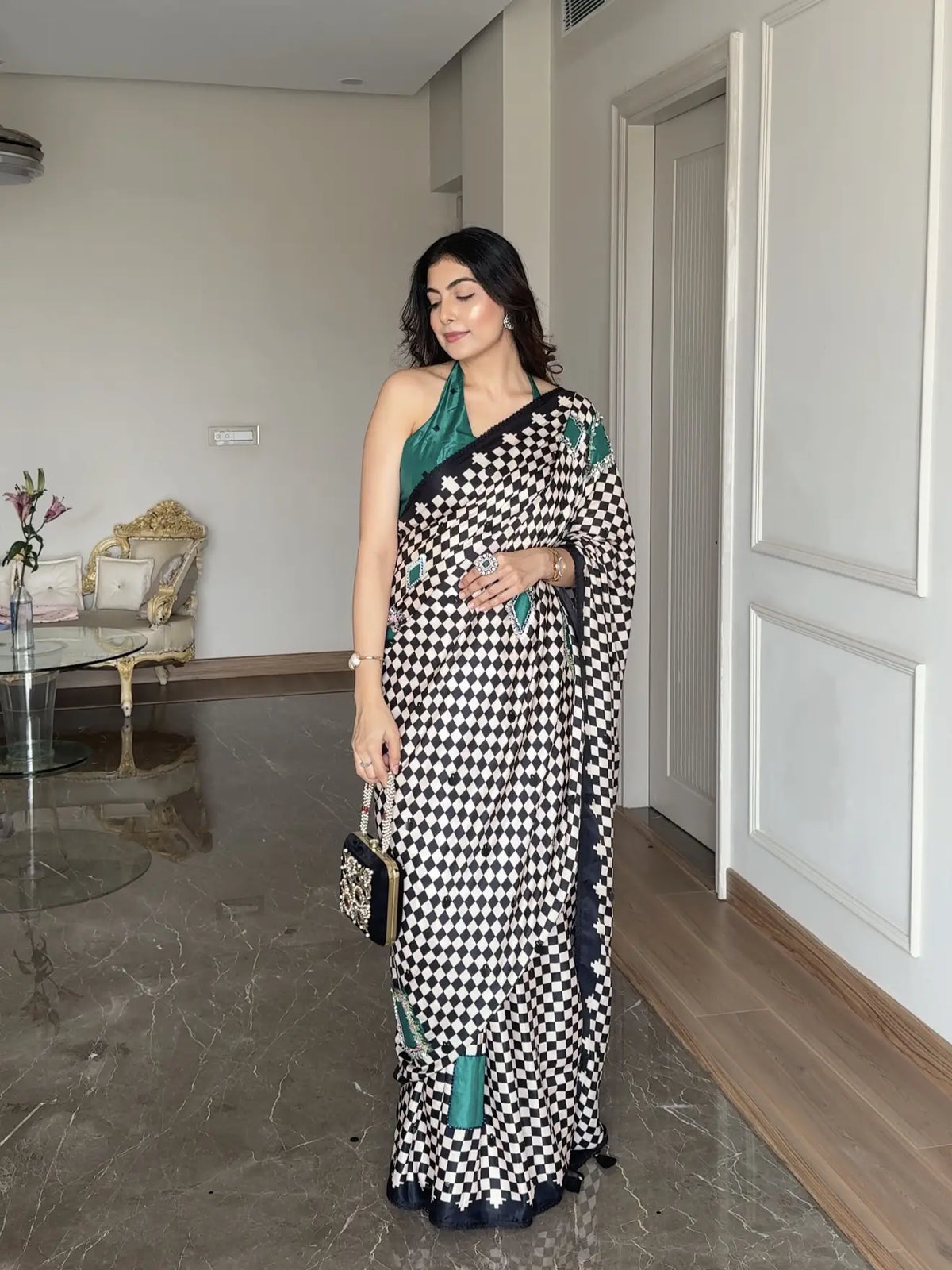 TANIYA ATMARAMANI IN MODAL SATIN MONOCHROME CHECKS WITH HAND EMBROIDERY LIVA SAREE