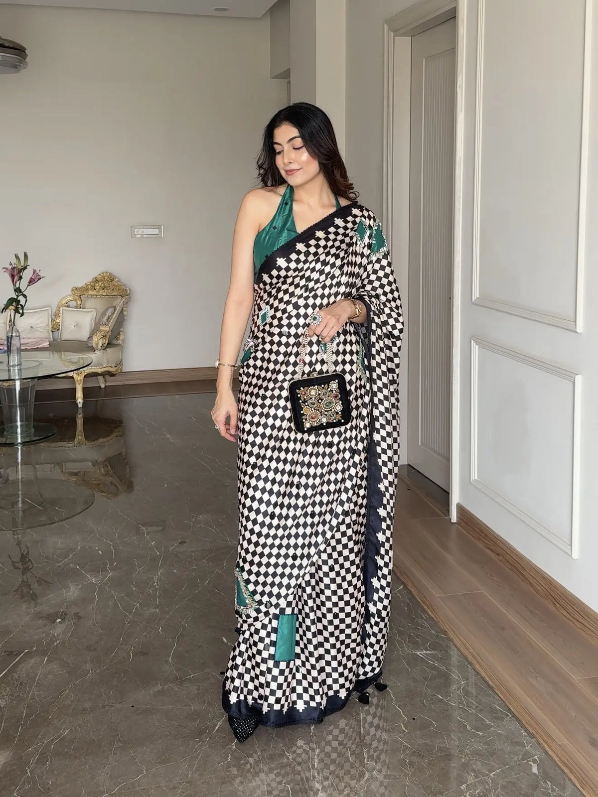 TANIYA ATMARAMANI IN MODAL SATIN MONOCHROME CHECKS WITH HAND EMBROIDERY LIVA SAREE