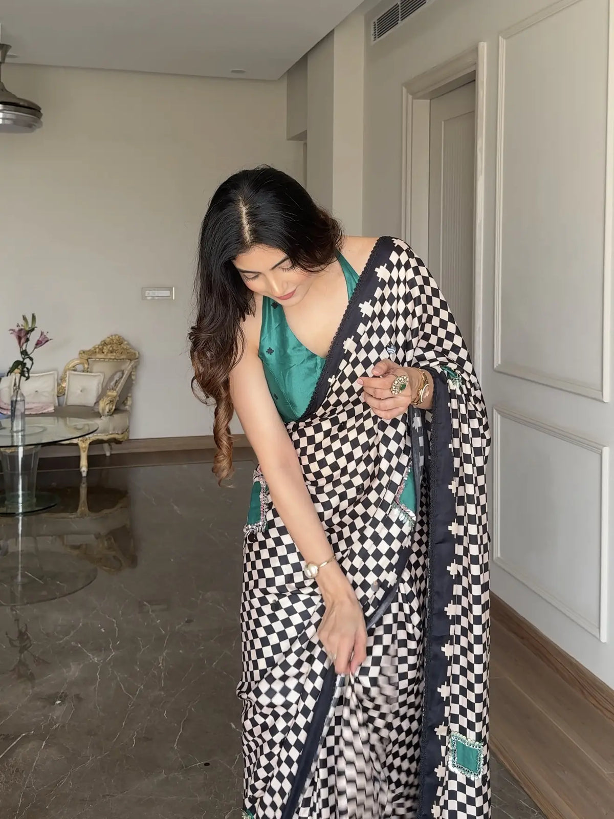 TANIYA ATMARAMANI IN MODAL SATIN MONOCHROME CHECKS WITH HAND EMBROIDERY LIVA SAREE
