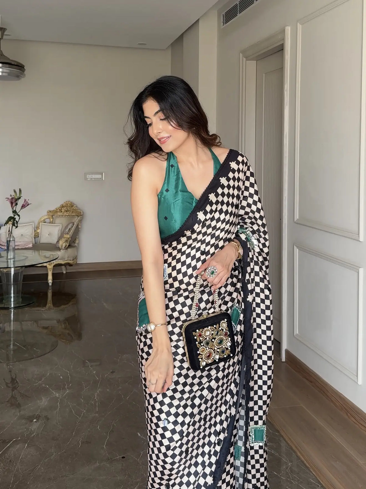 TANIYA ATMARAMANI IN MODAL SATIN MONOCHROME CHECKS WITH HAND EMBROIDERY LIVA SAREE