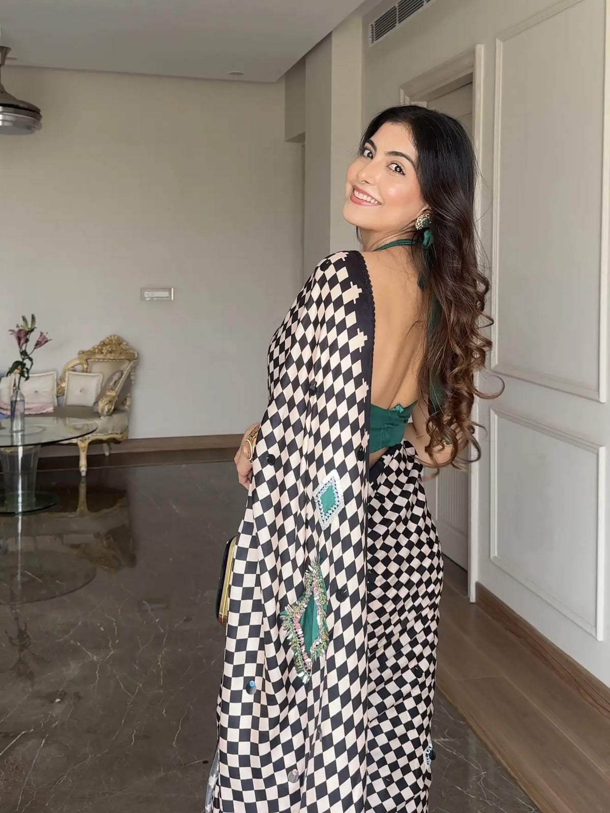 TANIYA ATMARAMANI IN MODAL SATIN MONOCHROME CHECKS WITH HAND EMBROIDERY LIVA SAREE