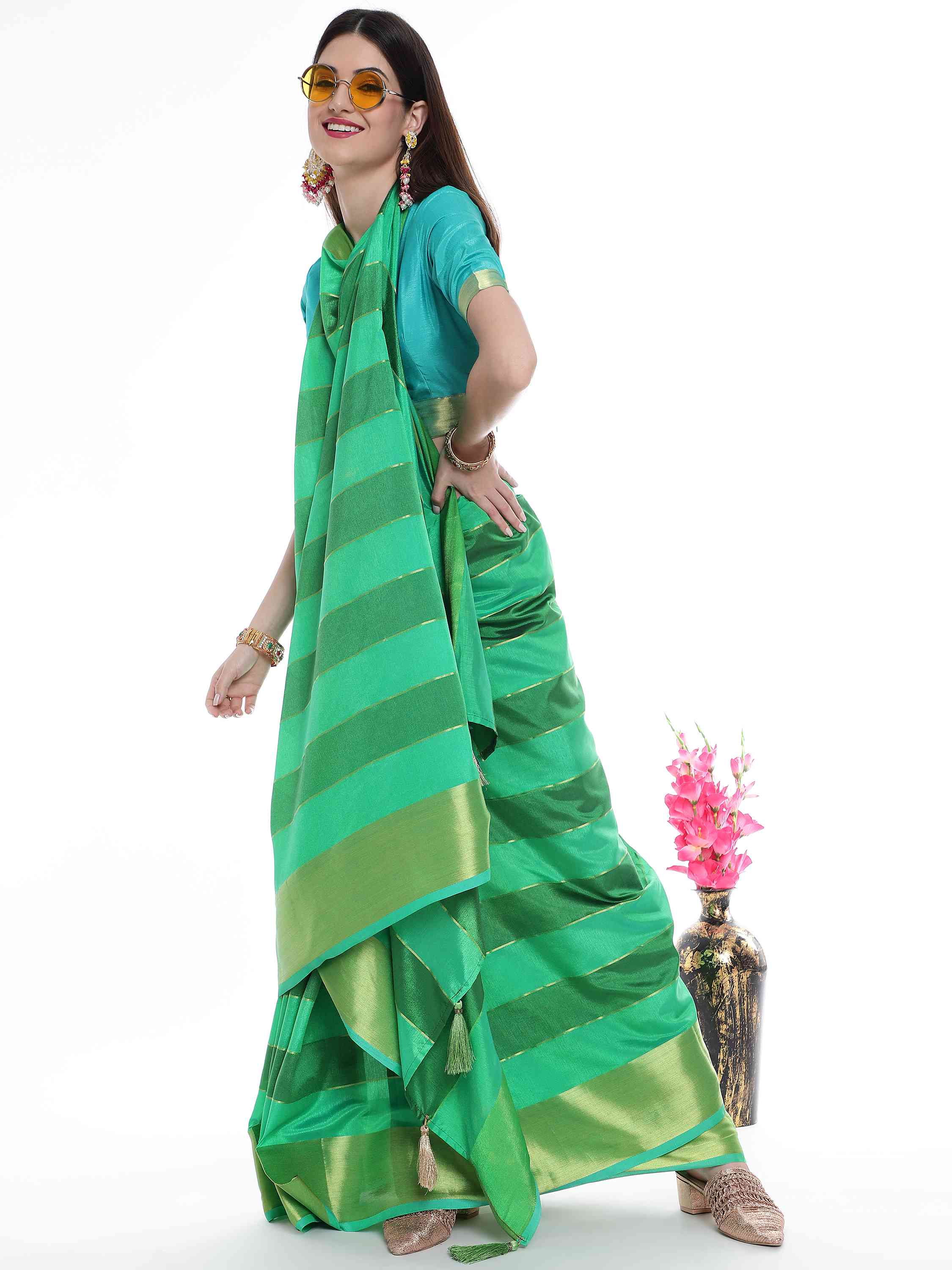 GREEN EVA SILK STRAPPY SAREE