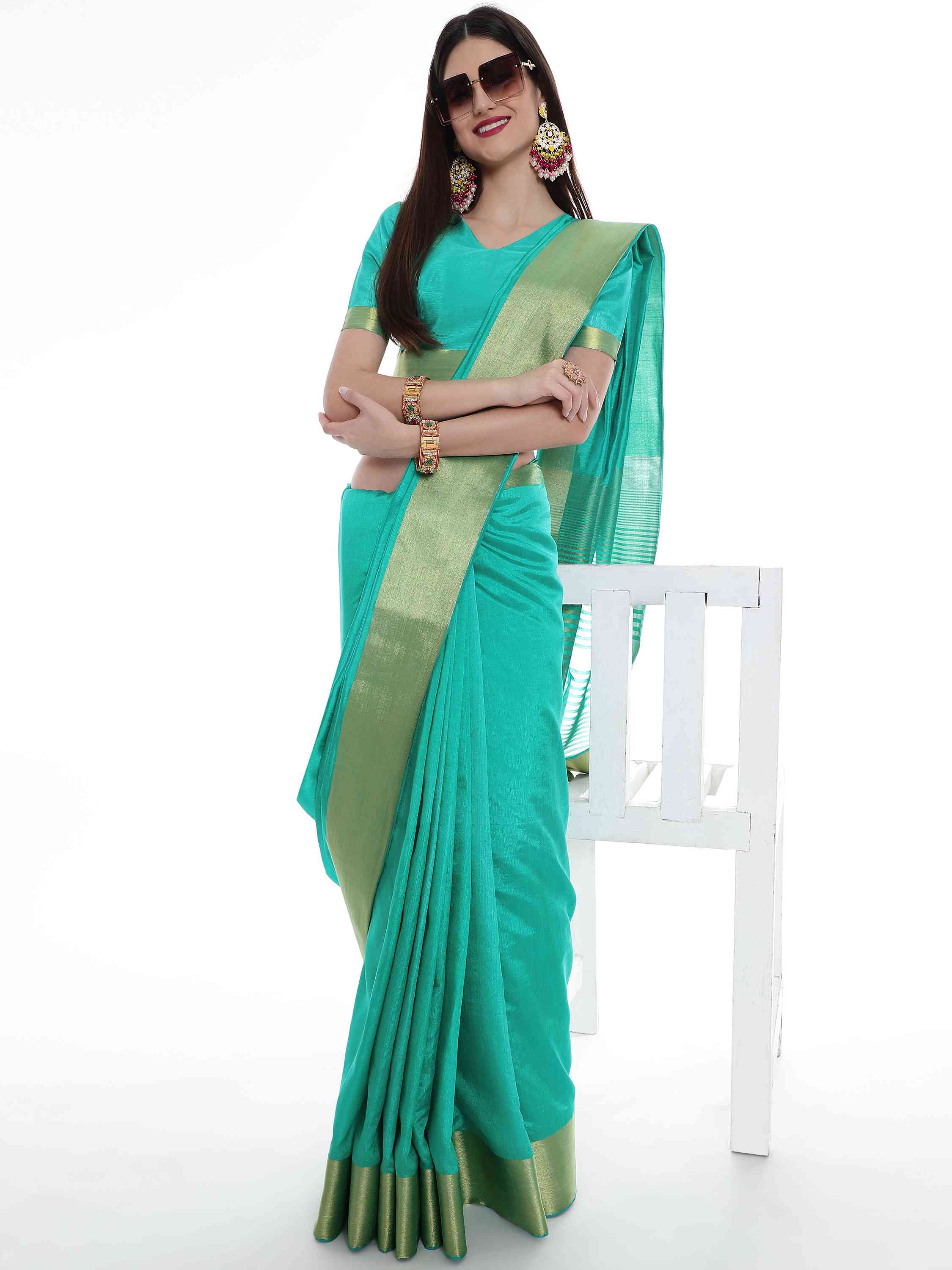 TURQUOISE EVA SILK CHIT PALLU SAREE