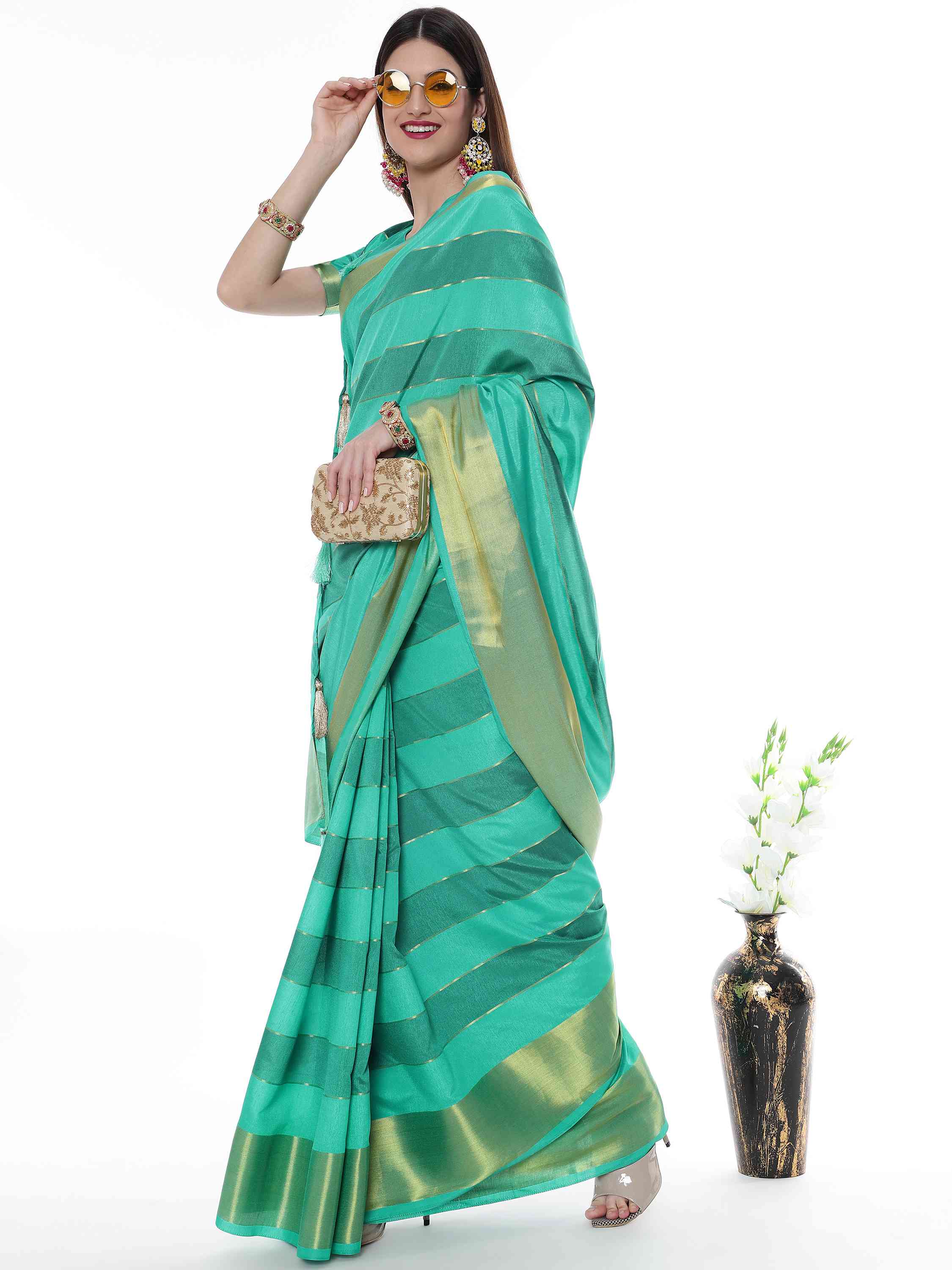 TURQUOISE EVA SILK STRAPPY SAREE