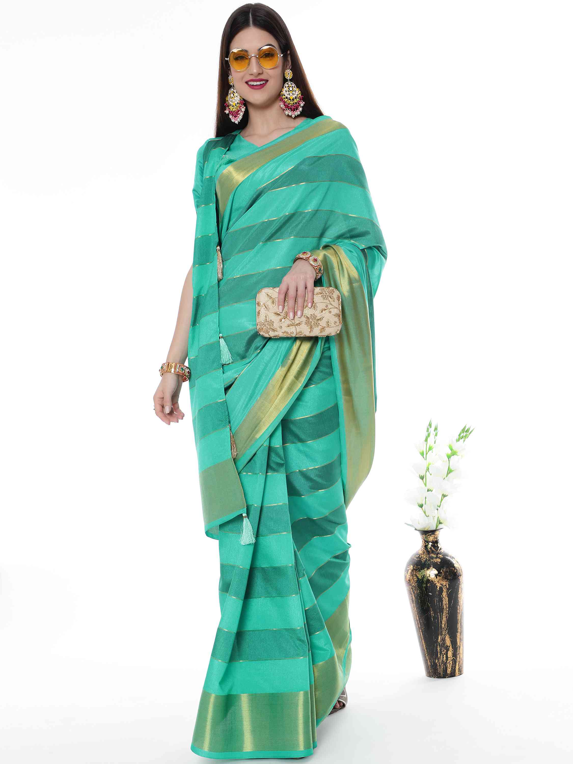 TURQUOISE EVA SILK STRAPPY SAREE