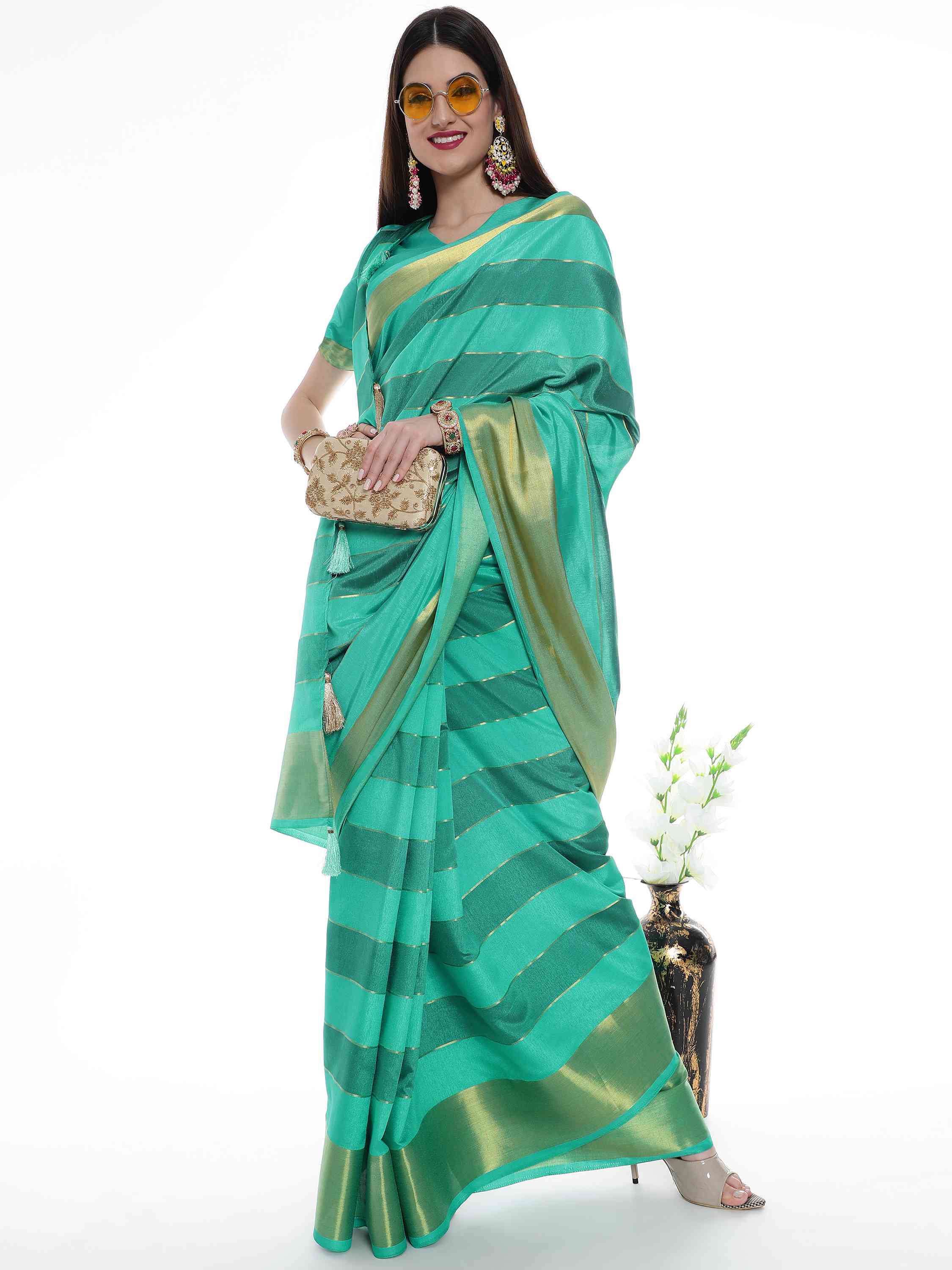 TURQUOISE EVA SILK STRAPPY SAREE