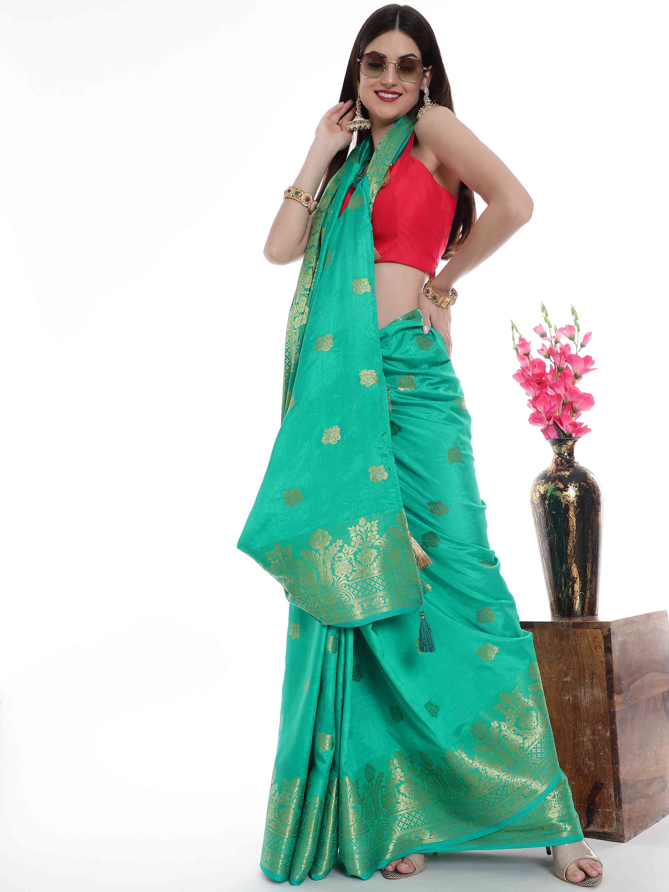 TURQUOISE EVA SILK ROSE PETALS SAREE