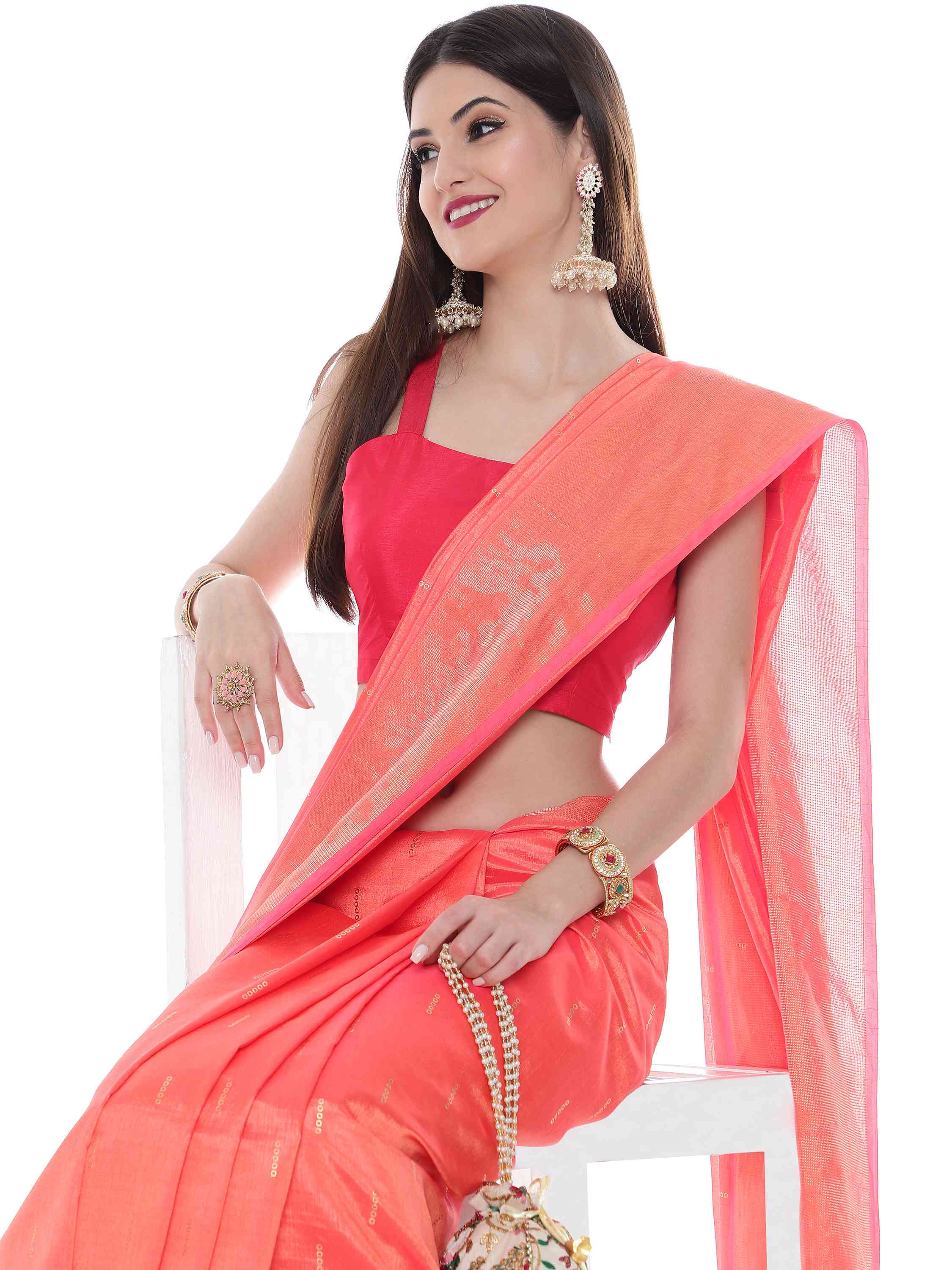 PEACH EVA SILK DOTS BORDER SAREE