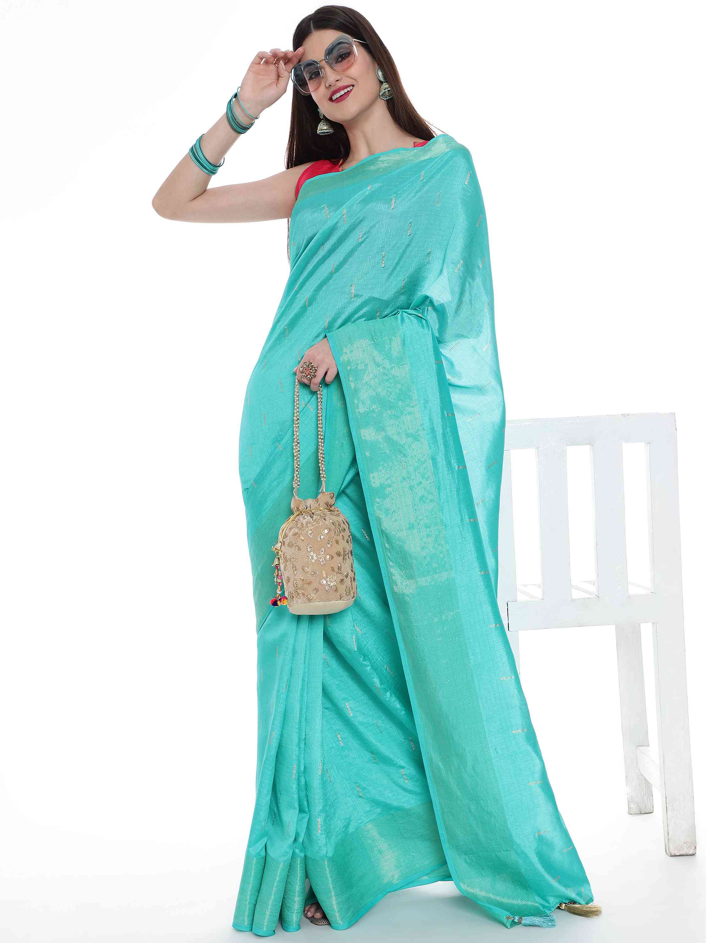 TURQUOISE EVA SILK DOTS BORDER SAREE