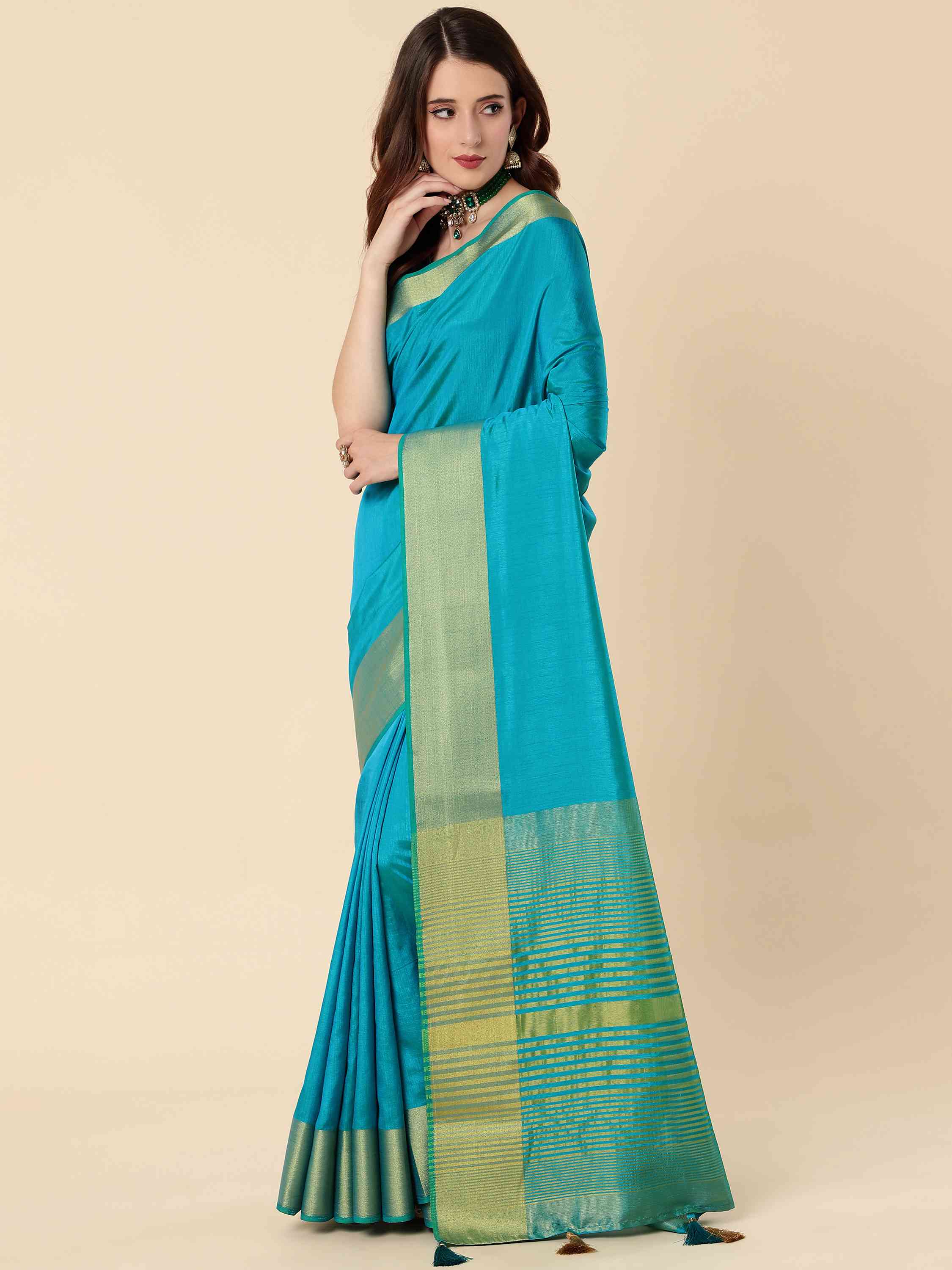 DARK TURQUOISE EVA SILK CHIT PALLU SAREE