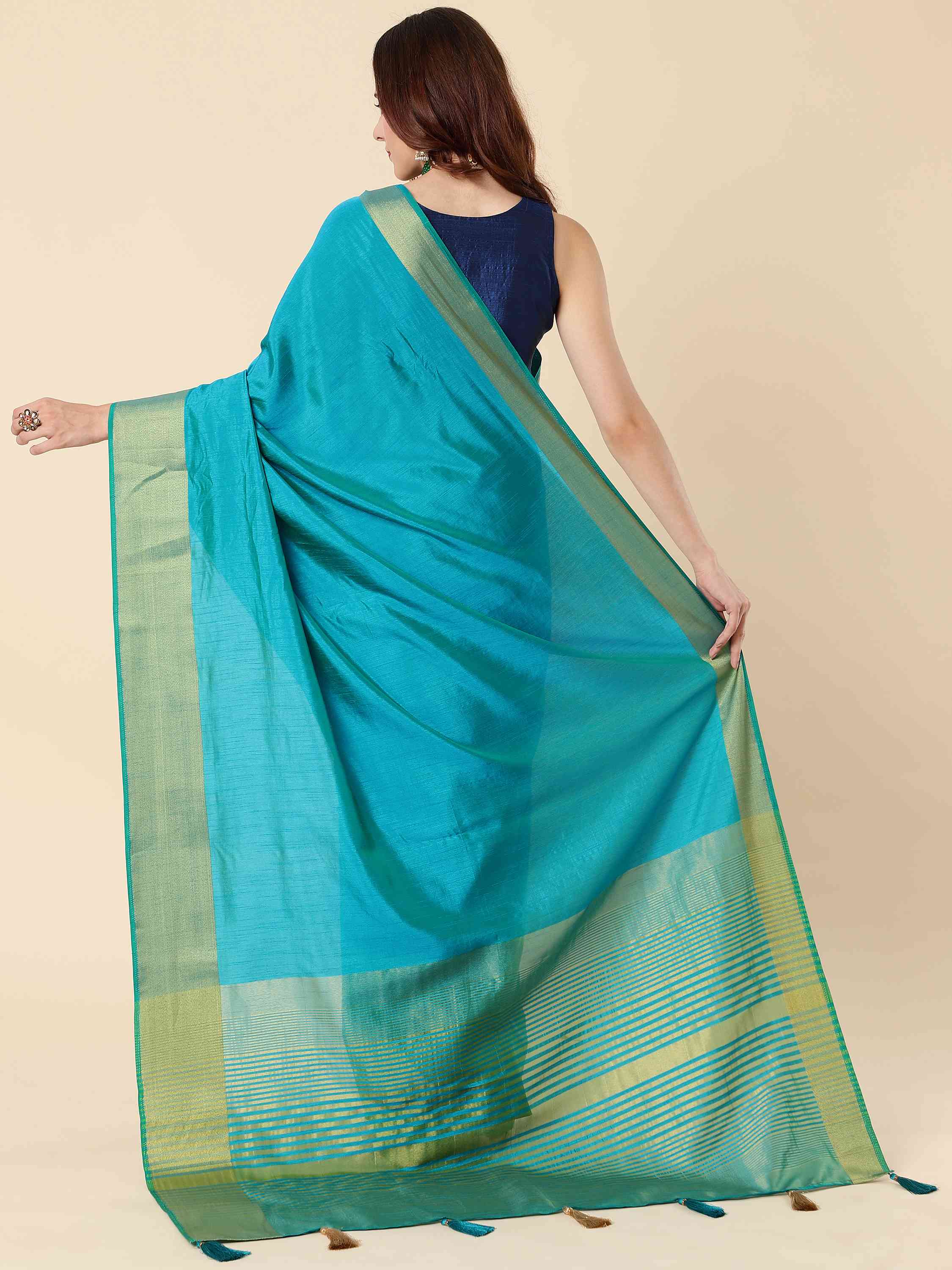 DARK TURQUOISE EVA SILK CHIT PALLU SAREE