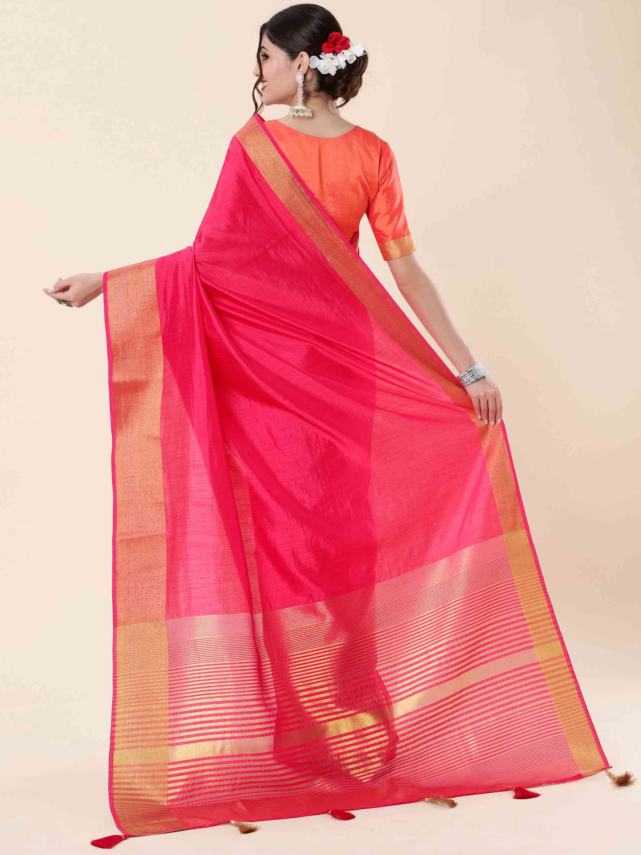 DARK RANI PINK EVA SILK CHIT PALLU SAREE