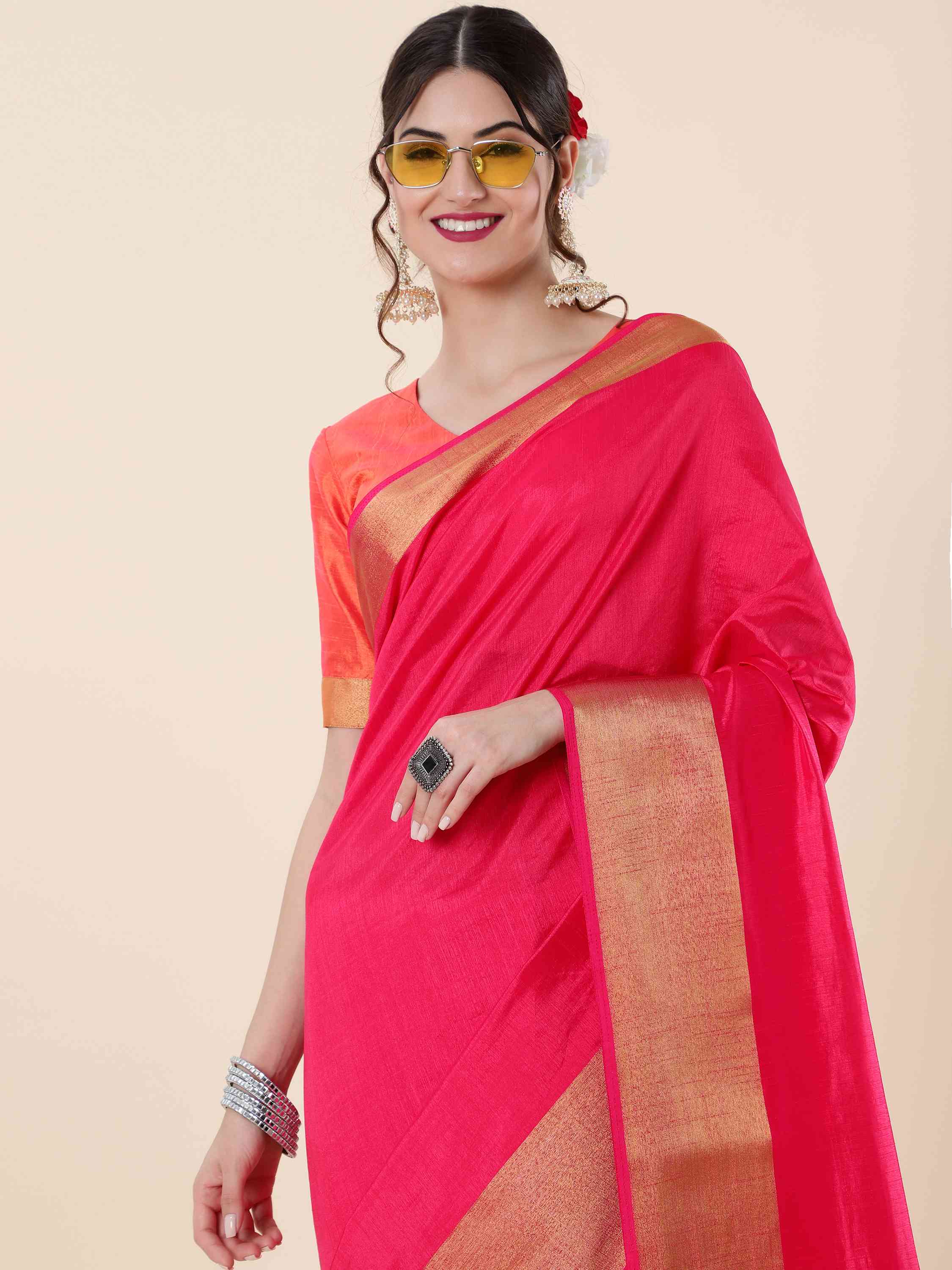 DARK RANI PINK EVA SILK CHIT PALLU SAREE