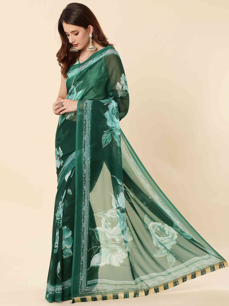 DUNGRANI BOTTLE GREEN FAUX GEORGETTE PRINTED SAREE