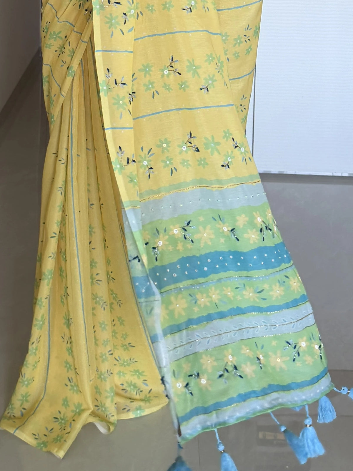 AARTI SUPER FEEL YELLOW HAND EMBROIDERY DESIGNER SAREE WITH BLOUSE