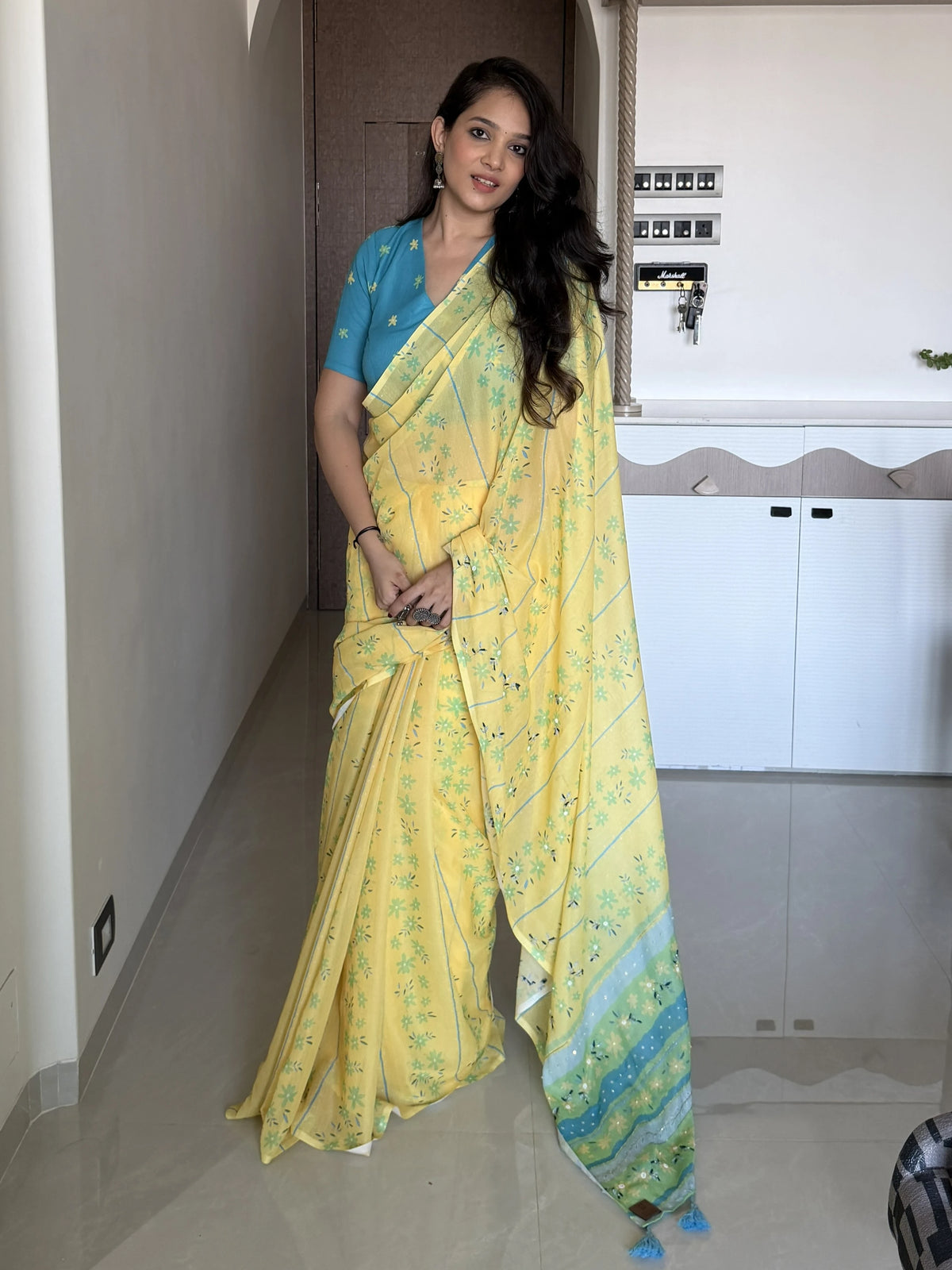 AARTI SUPER FEEL YELLOW HAND EMBROIDERY DESIGNER SAREE WITH BLOUSE