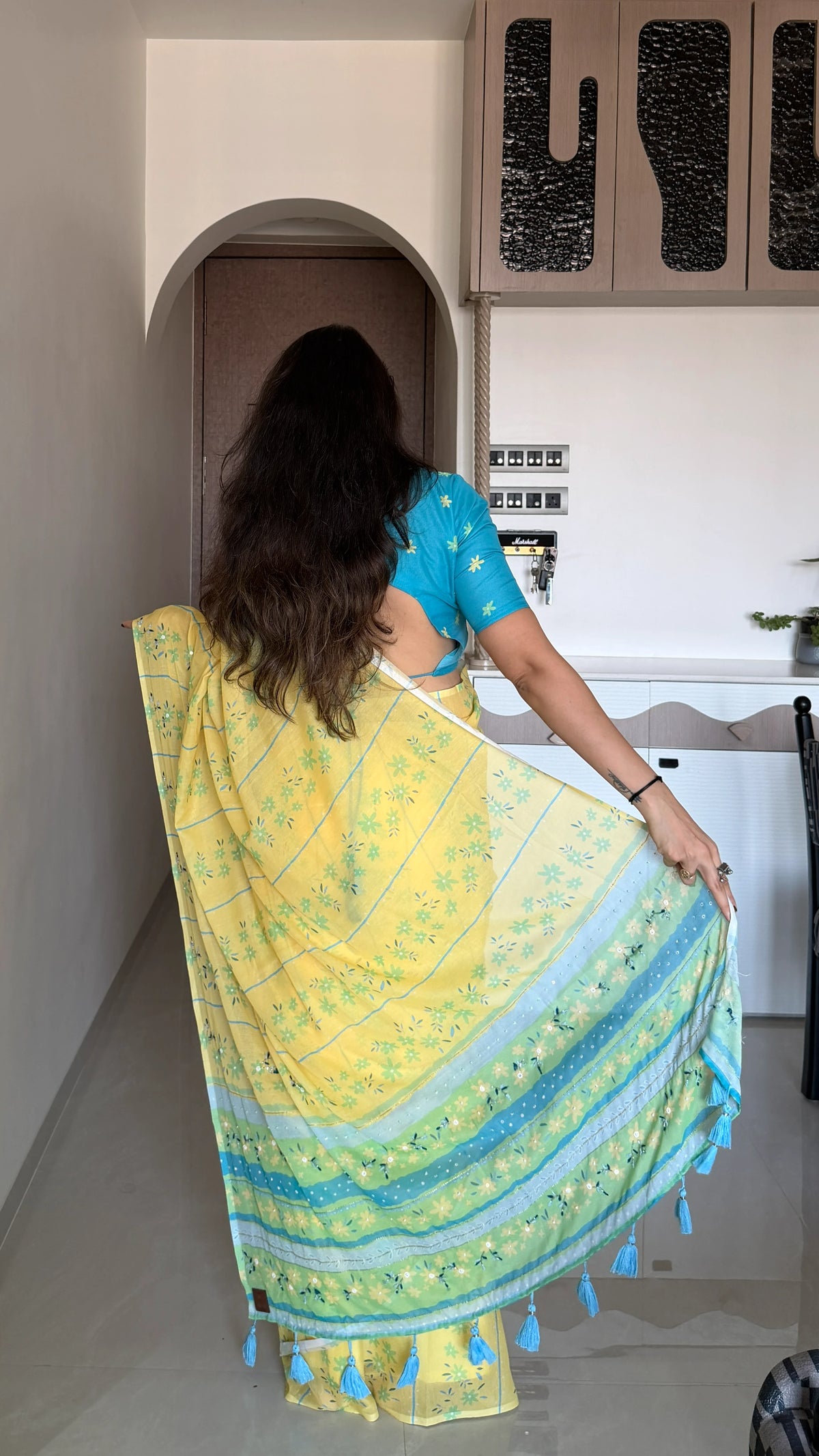 AARTI SUPER FEEL YELLOW HAND EMBROIDERY DESIGNER SAREE WITH BLOUSE