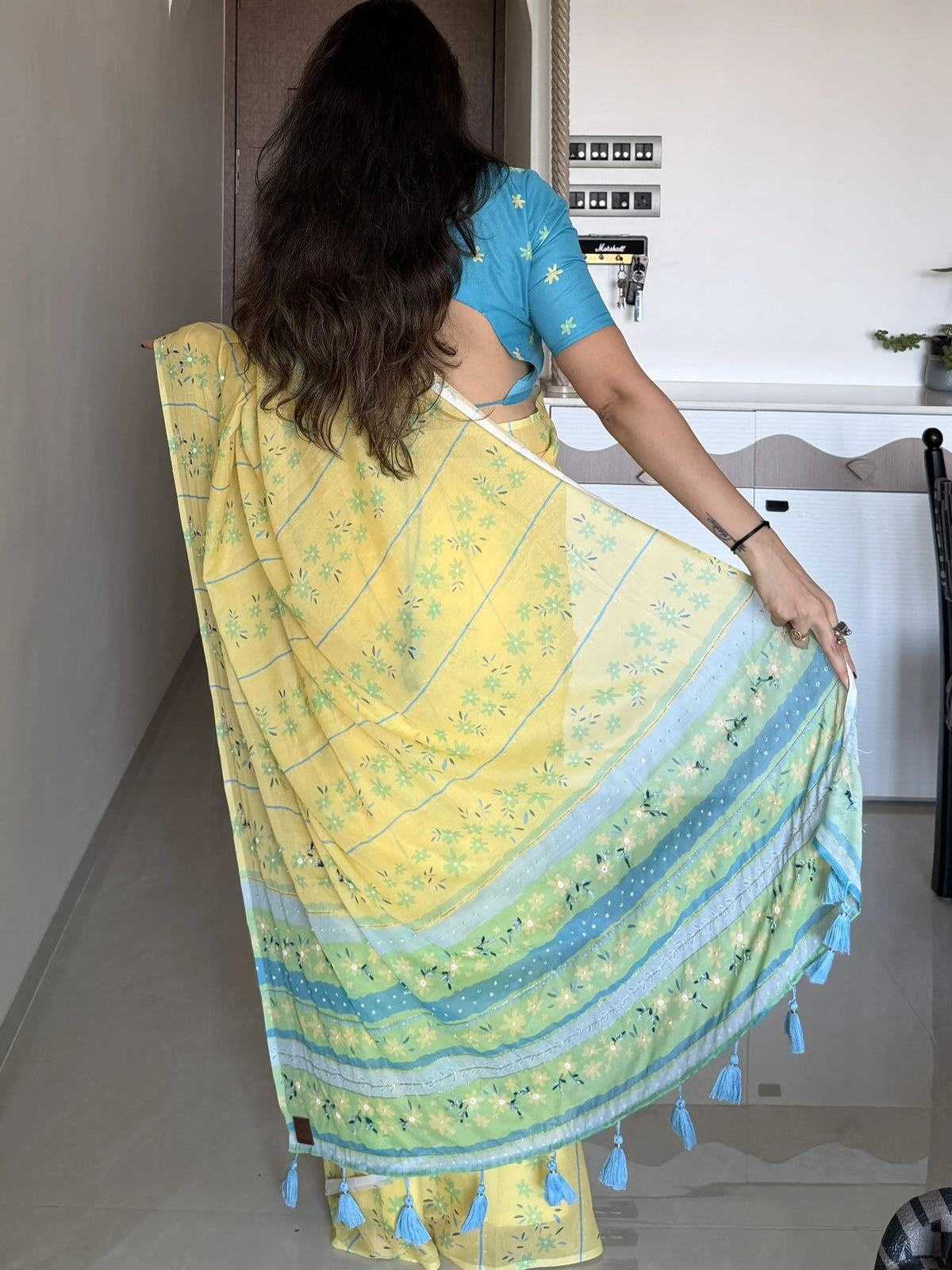 AARTI SUPER FEEL YELLOW HAND EMBROIDERY DESIGNER SAREE WITH BLOUSE