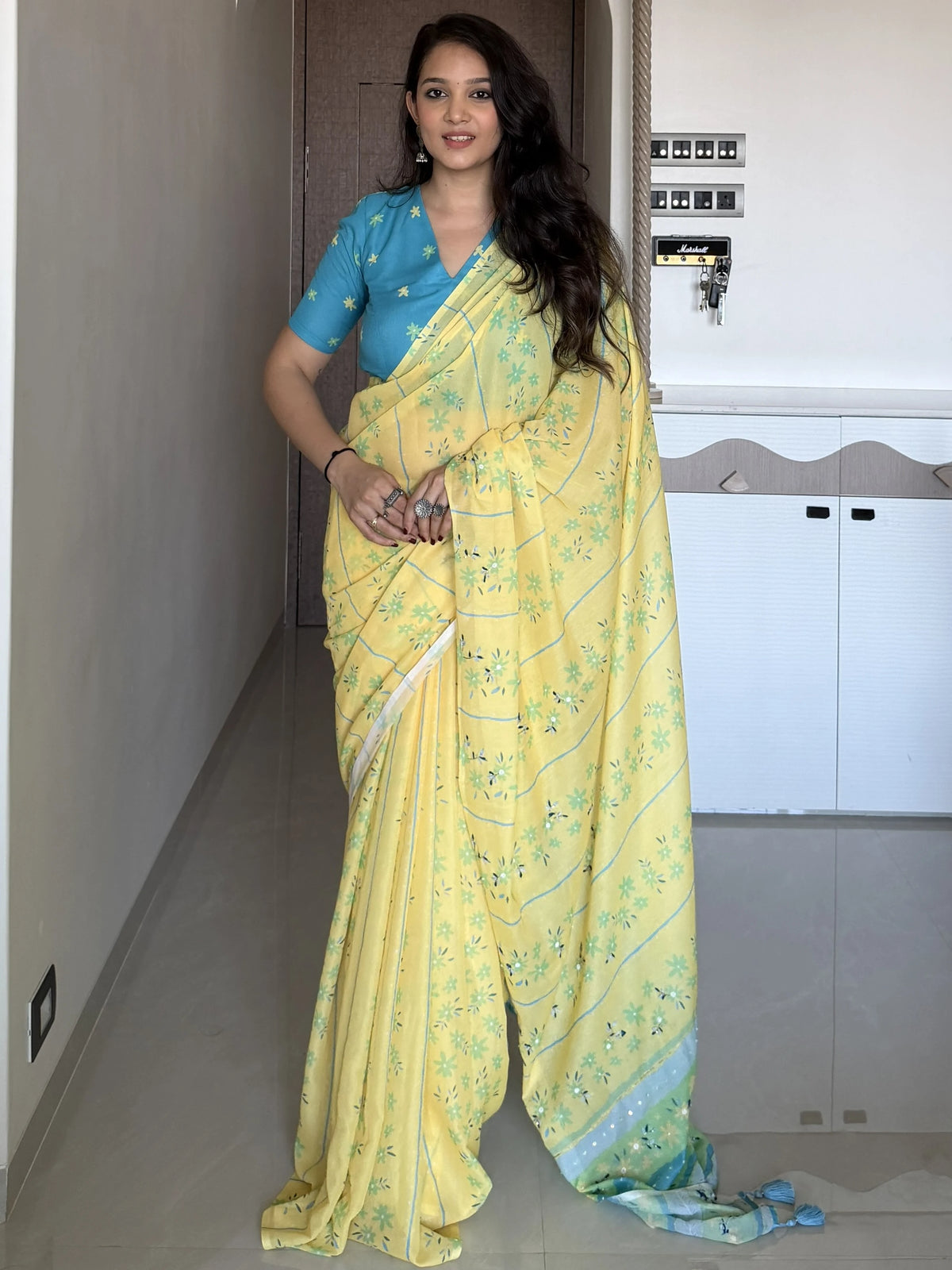 AARTI SUPER FEEL YELLOW HAND EMBROIDERY DESIGNER SAREE WITH BLOUSE