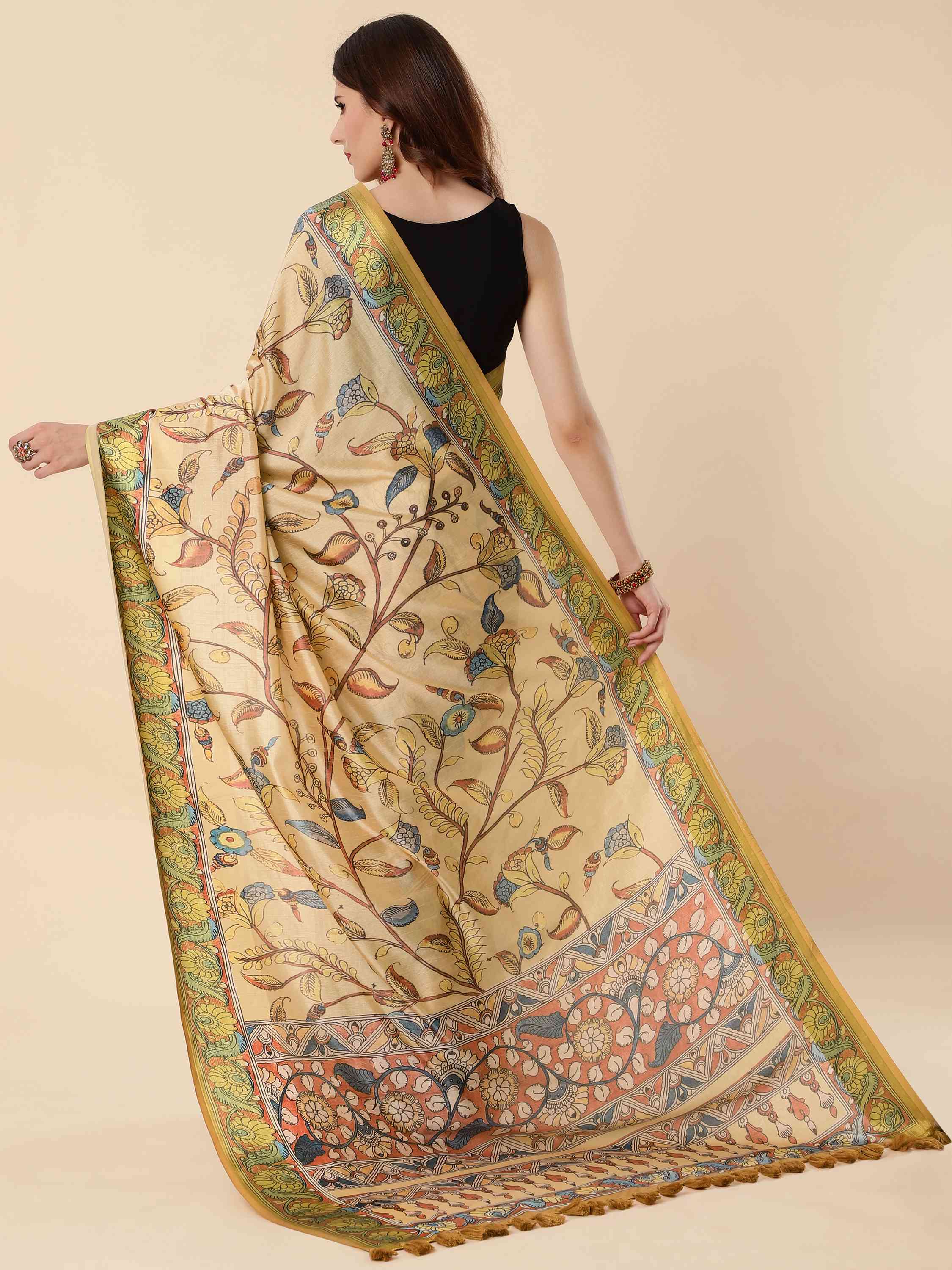 YELLOW EVA SILK FUSION KALAMKARI SAREE