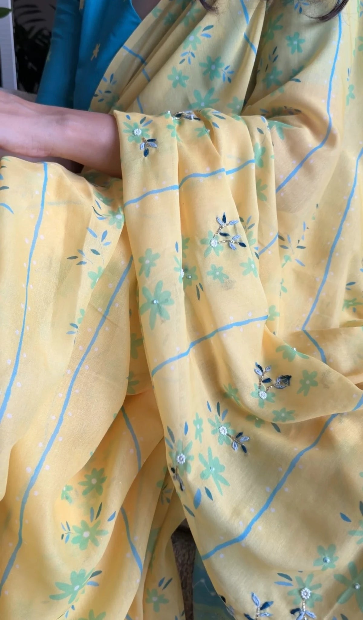 AARTI SUPER FEEL YELLOW HAND EMBROIDERY DESIGNER SAREE WITH BLOUSE