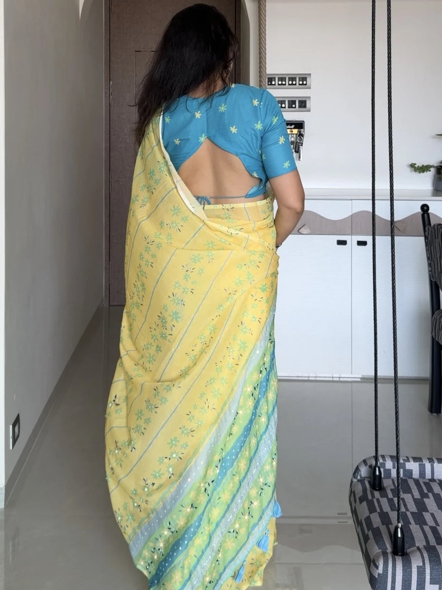 AARTI SUPER FEEL YELLOW HAND EMBROIDERY DESIGNER SAREE WITH BLOUSE