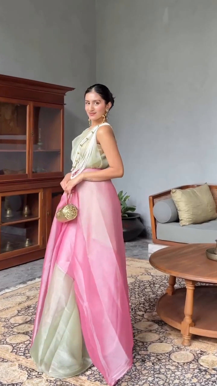 PINK & PISTA GLOW CHIFFON READY-TO-WEAR SAREE