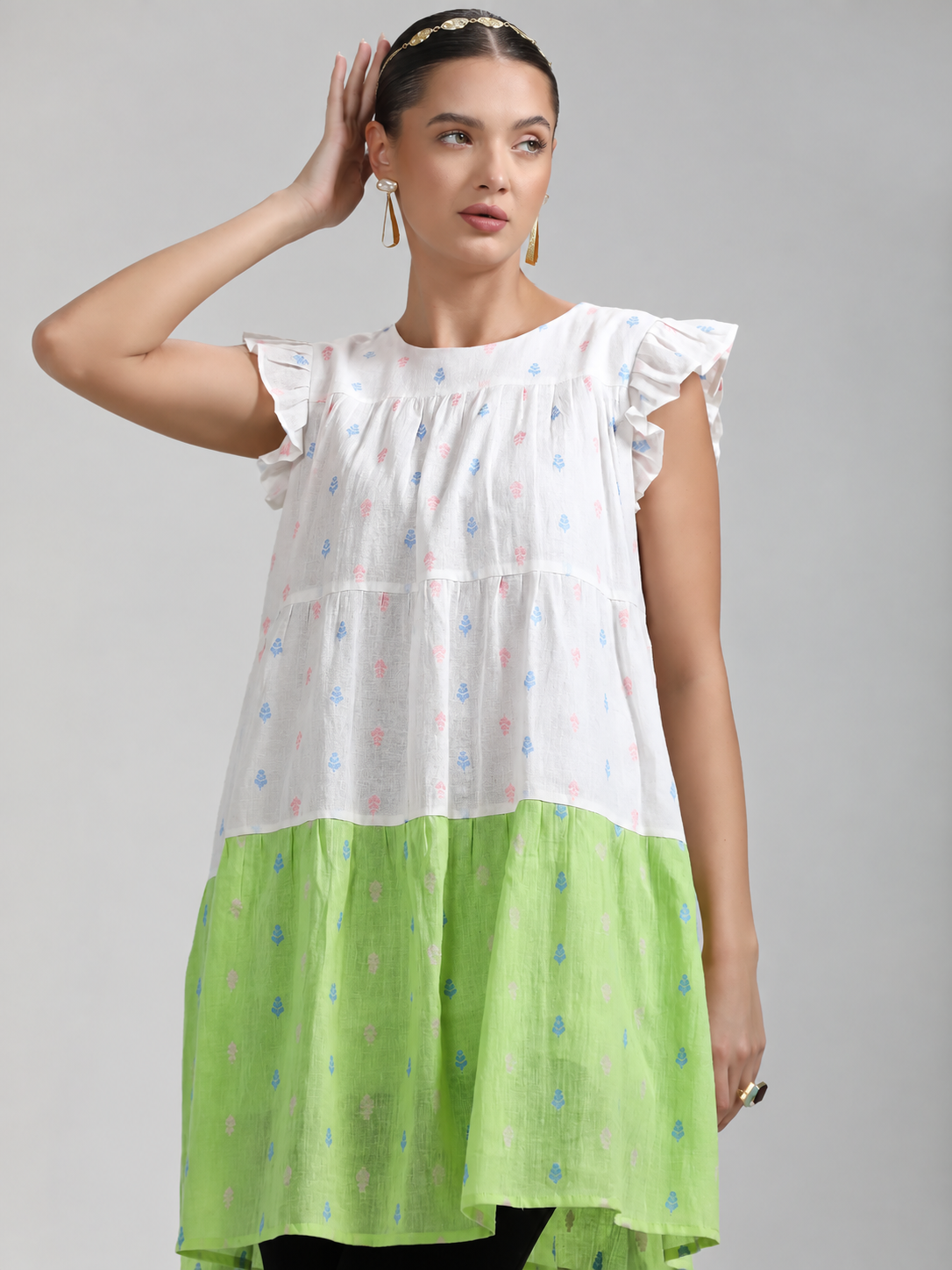 GREEN WHITE COTTON CANDY LEAF ONE PCS DRESS
