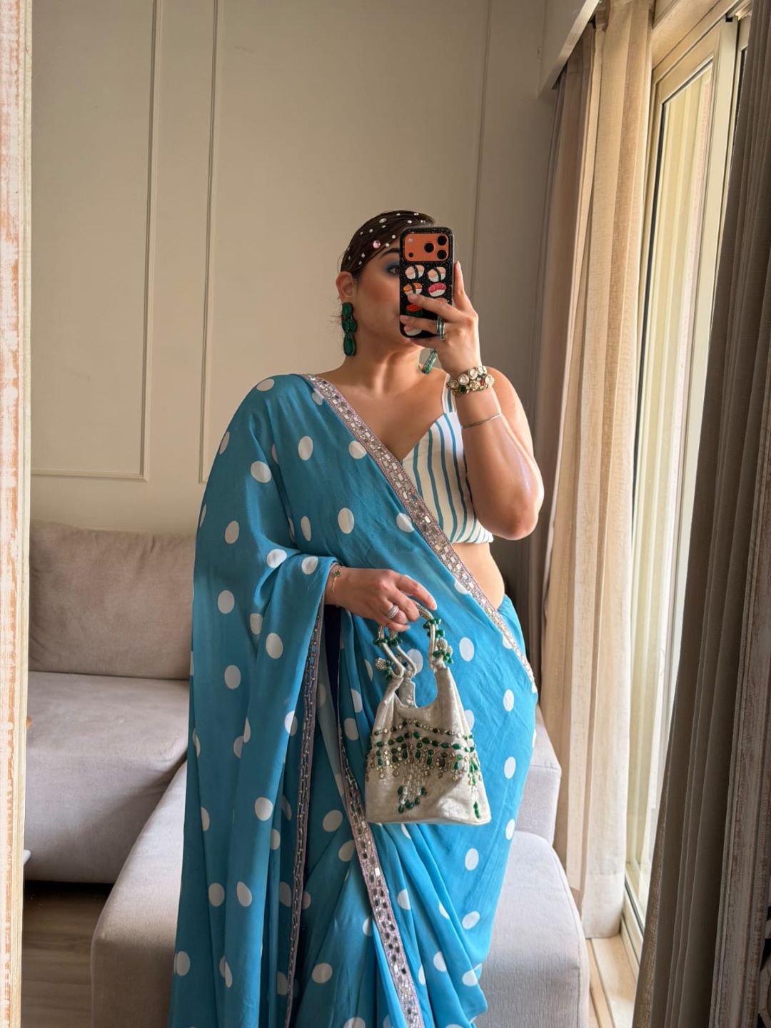 GURLEEN GAMBHIR BLUE POLKA DOT CREPE HEAVY REAL MIRROR BORDER SAREE