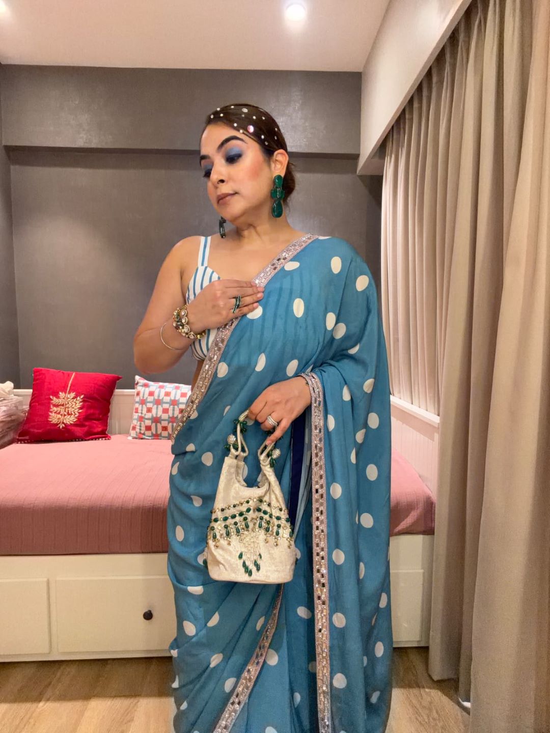GURLEEN GAMBHIR BLUE POLKA DOT CREPE HEAVY REAL MIRROR BORDER SAREE