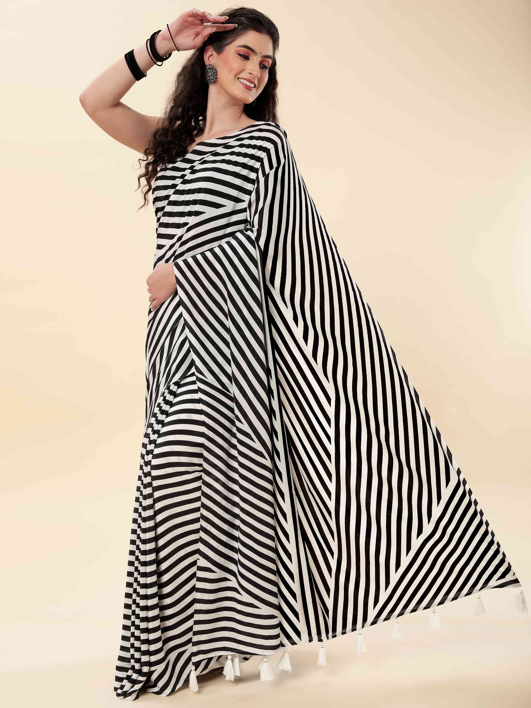 AAMANI REDDY IN NATURAL CREPE STRIPPED MONOCHROME SAREE