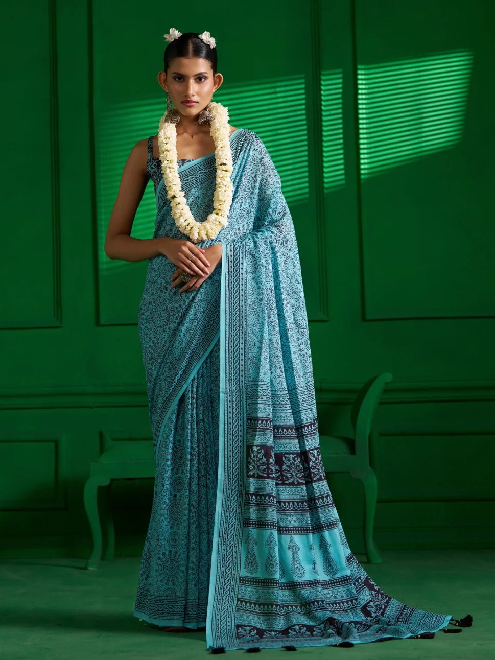 AQUA BLUE VISCOSE MUL BAGH PRINT SAREE